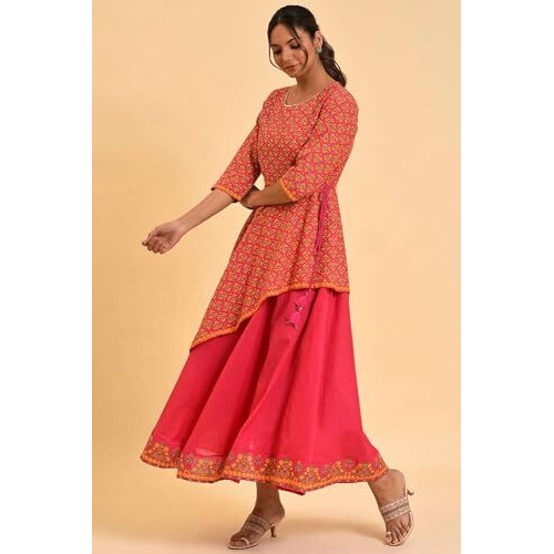 W For Woman Women's Cotton Pink Printed Asymmetrical Festive Dress Knee-Length 23Few19205-121193