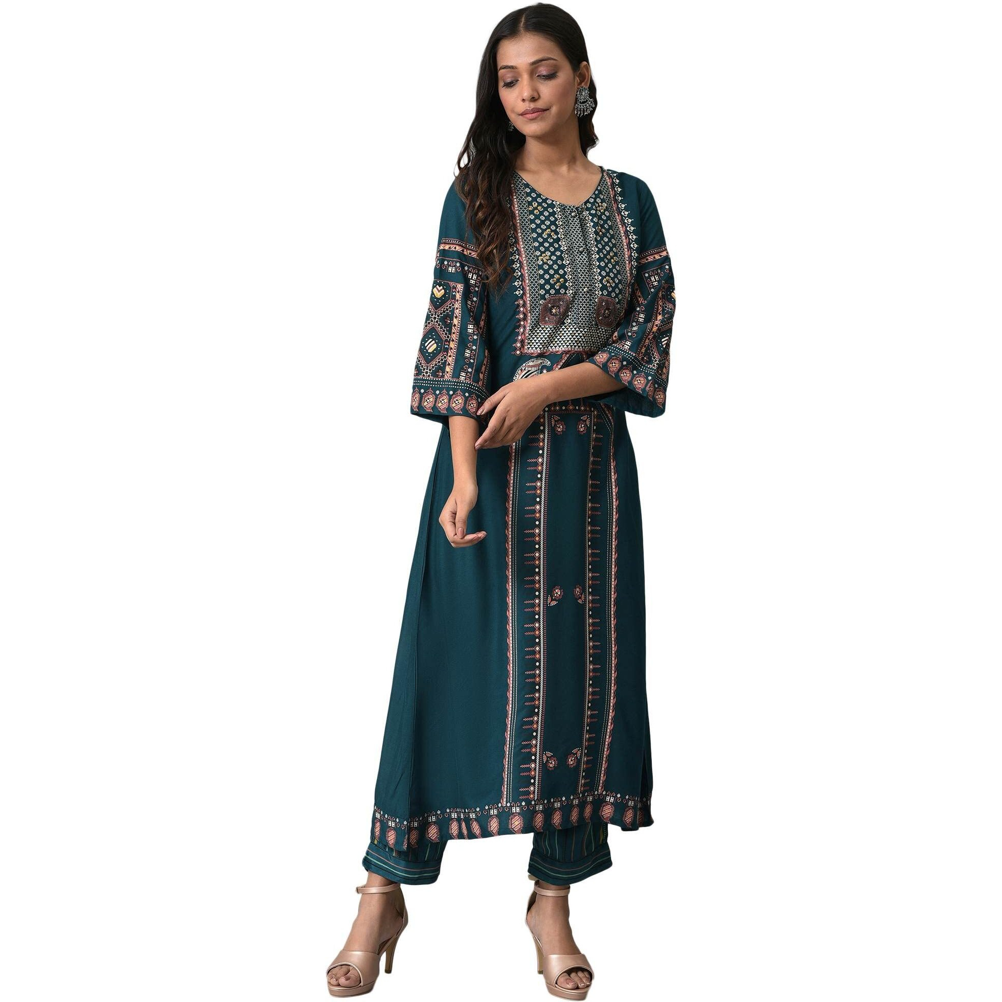 W Teal Paisley Printed Gold Khadi Women's Kurta Pant Set