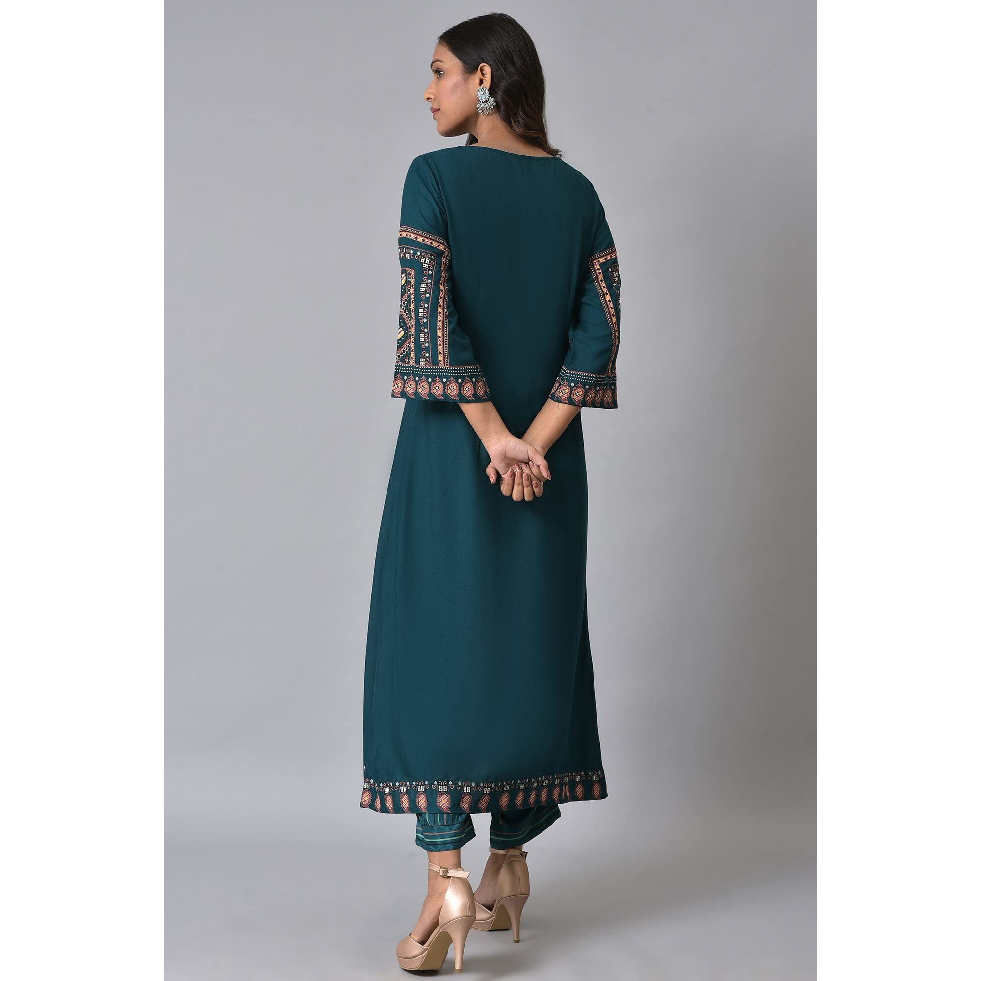 W Teal Paisley Printed Gold Khadi Women's Kurta Pant Set