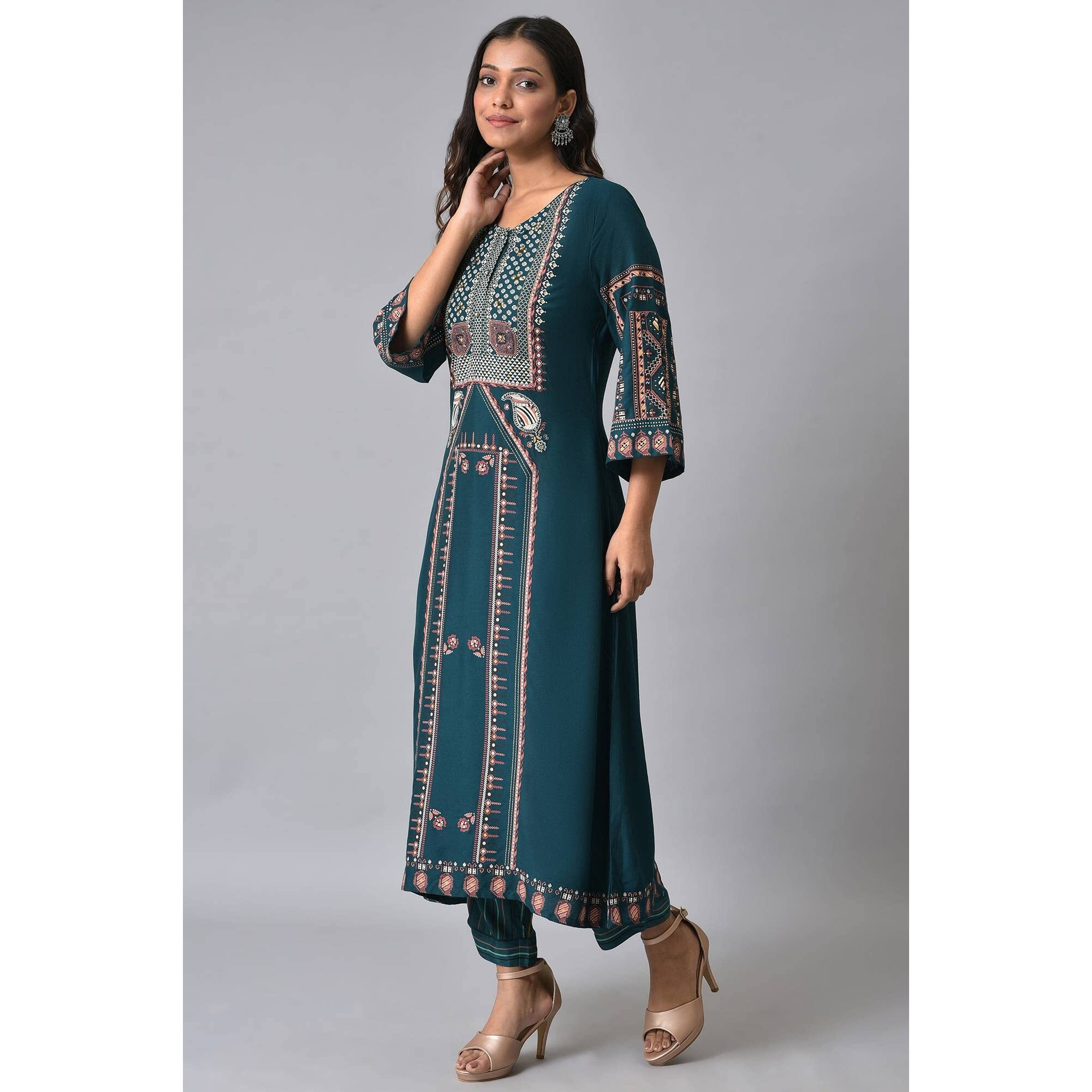 W Teal Paisley Printed Gold Khadi Women's Kurta Pant Set