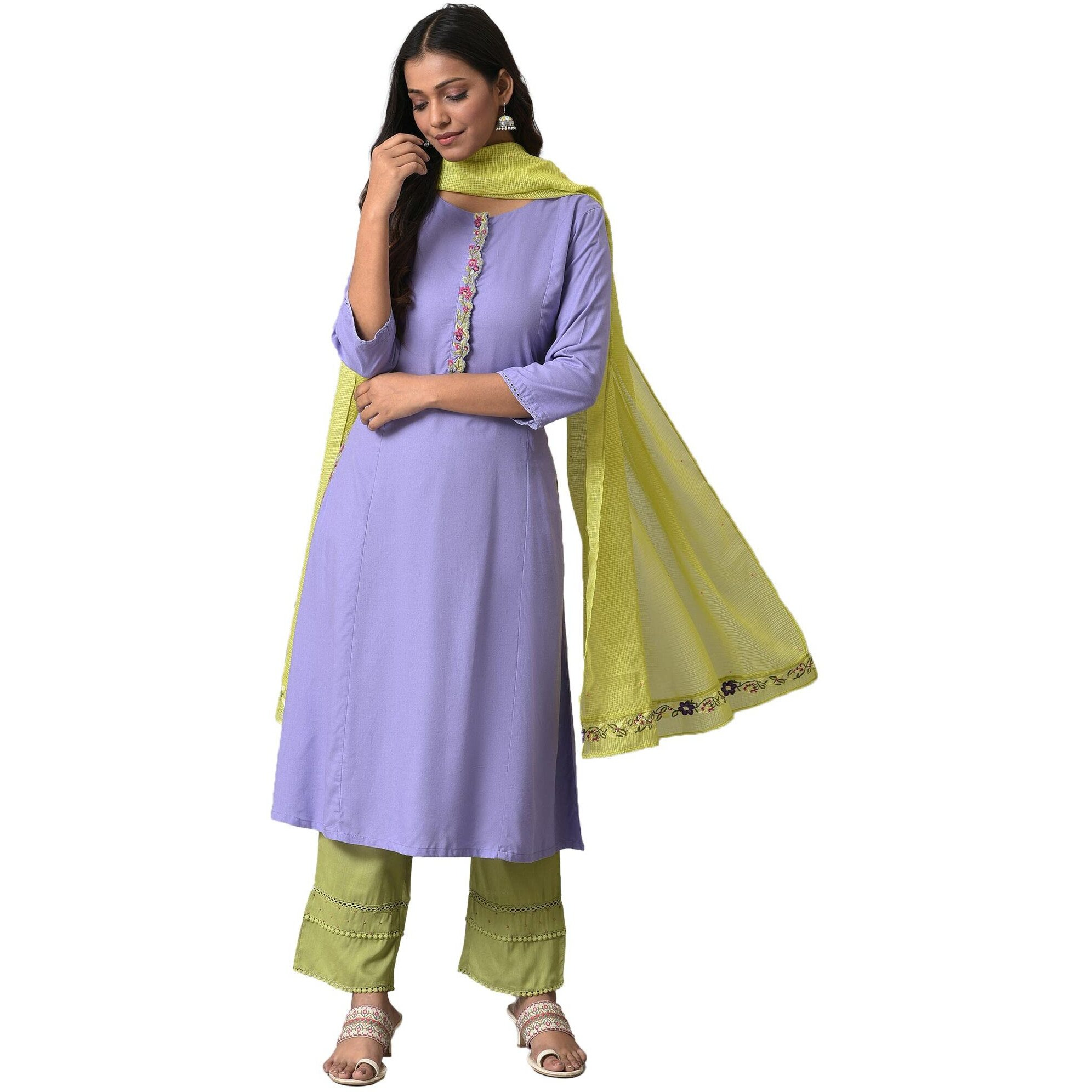W For Woman Purple Embroidered Kurta Set (Size S)-23Fews18431-218437