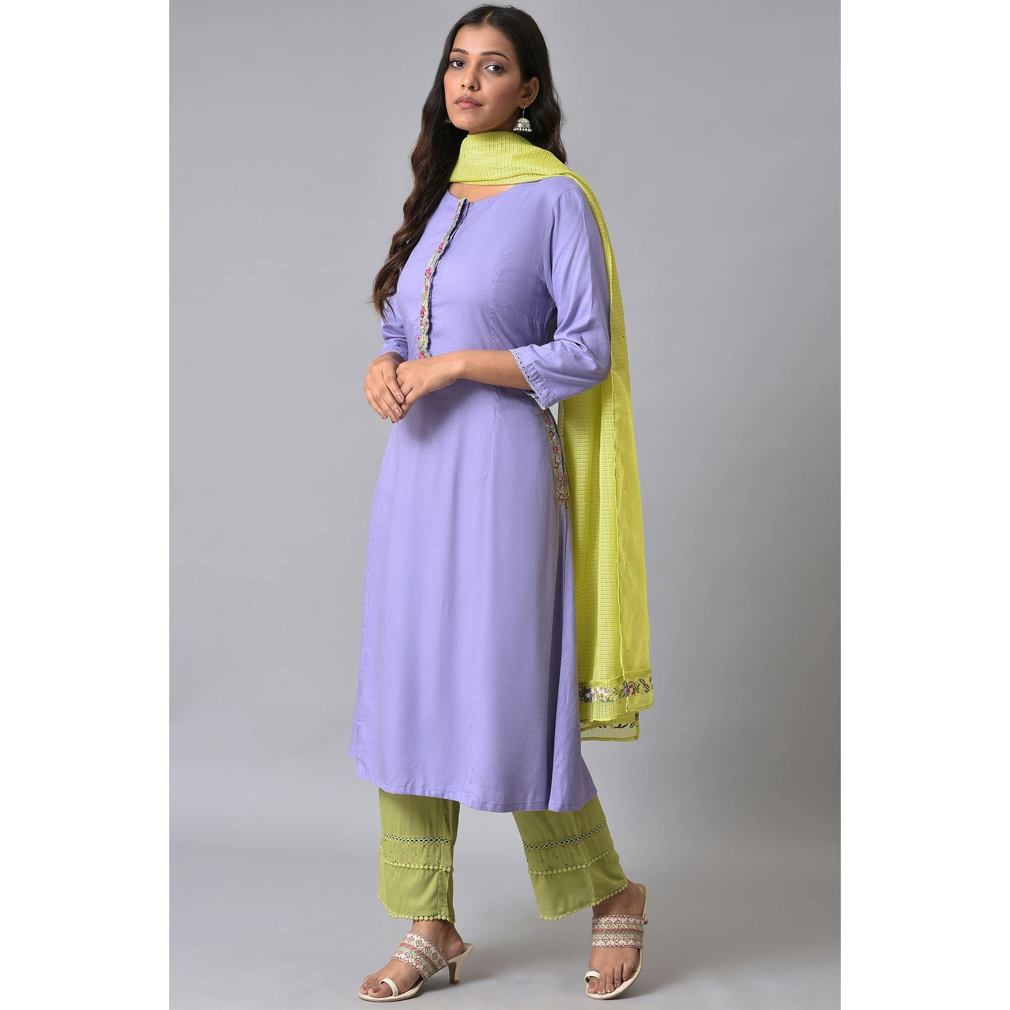 W For Woman Purple Embroidered Kurta Set (Size S)-23Fews18431-218437