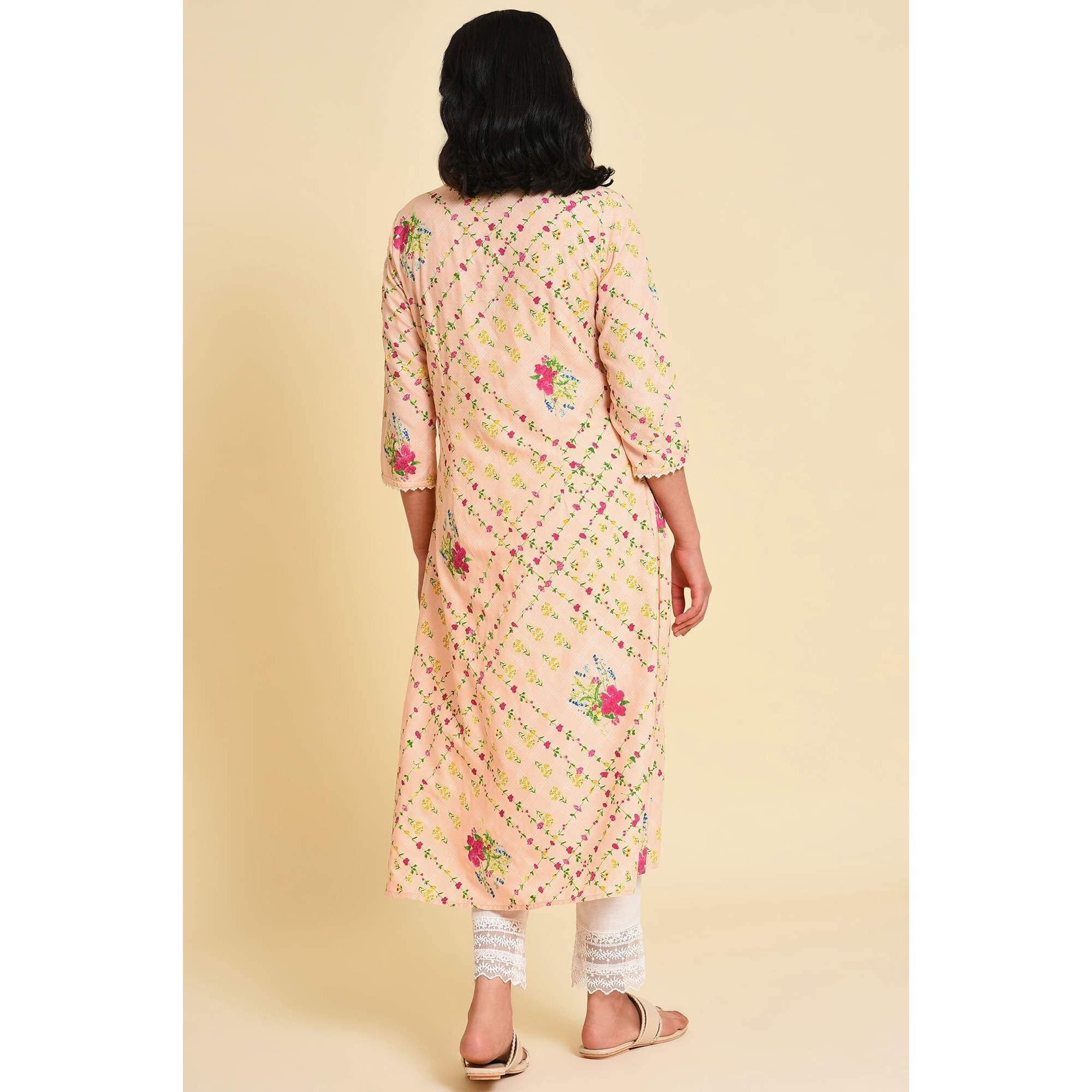 W For Woman Light Orange Floral Print Kurta Set (Size S)-23Fews18914-120270