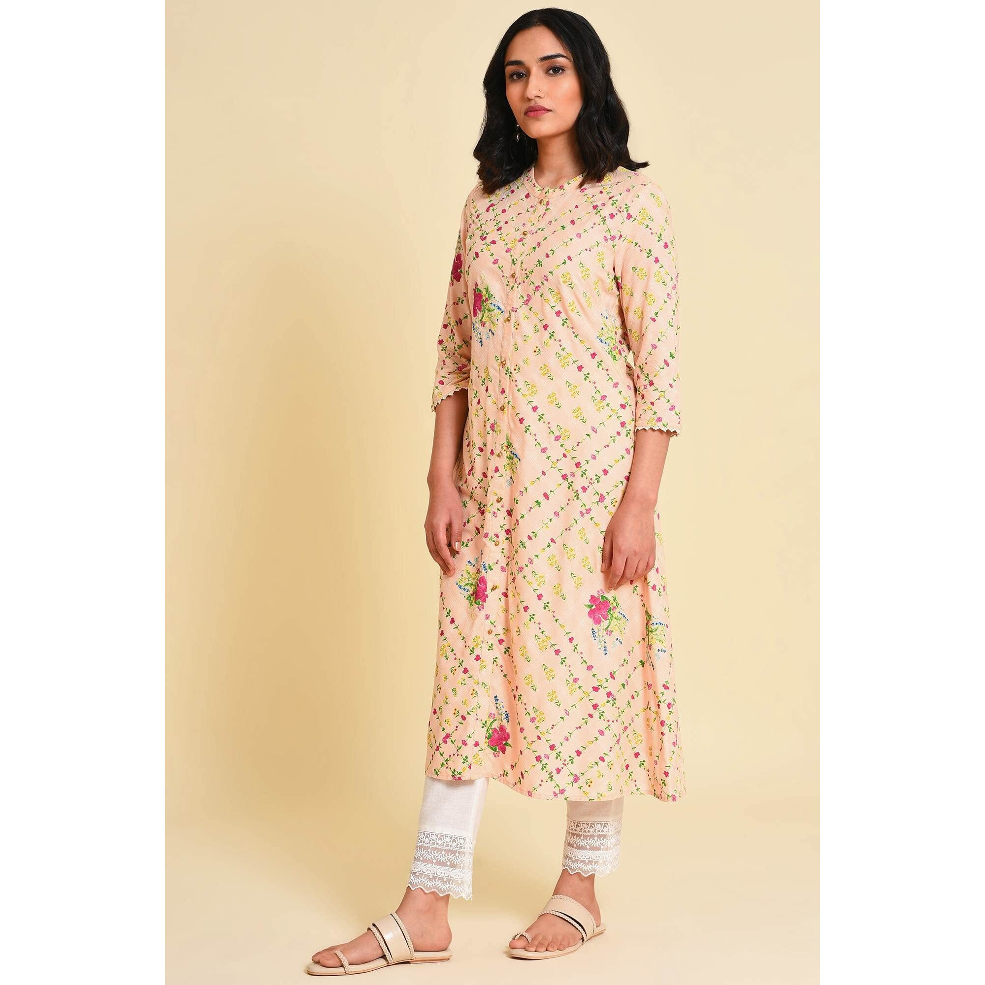 W For Woman Light Orange Floral Print Kurta Set (Size S)-23Fews18914-120270