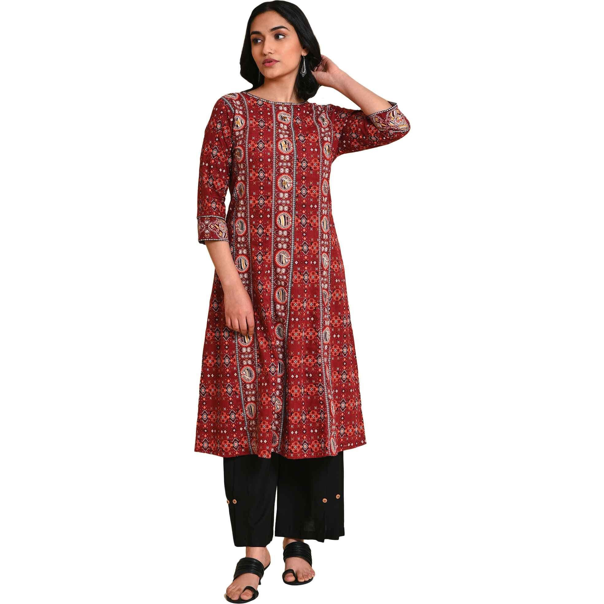 W For Woman Dark Red Geometric Printed Cotton Kurta And Palazzo Set