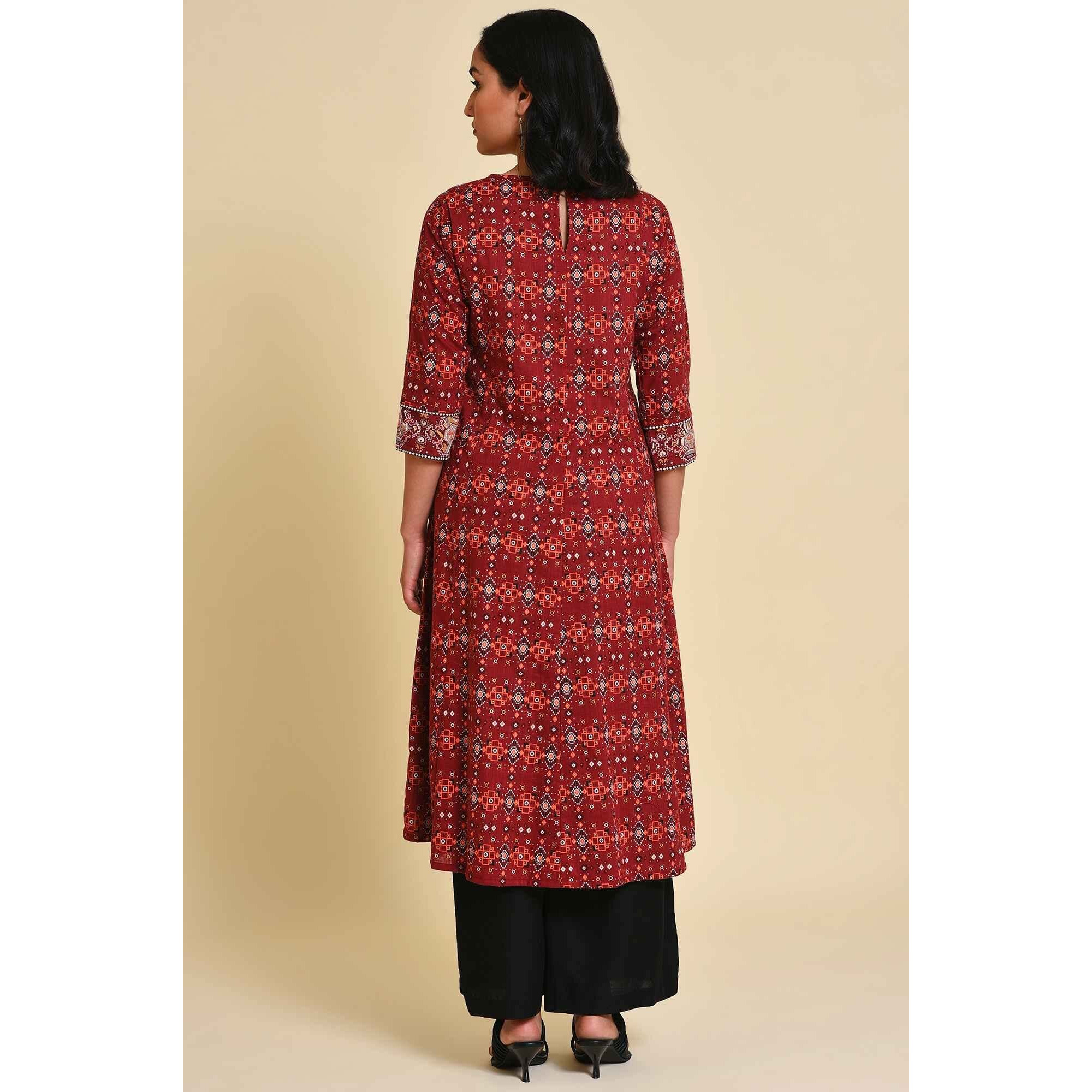 W For Woman Dark Red Geometric Printed Cotton Kurta And Palazzo Set