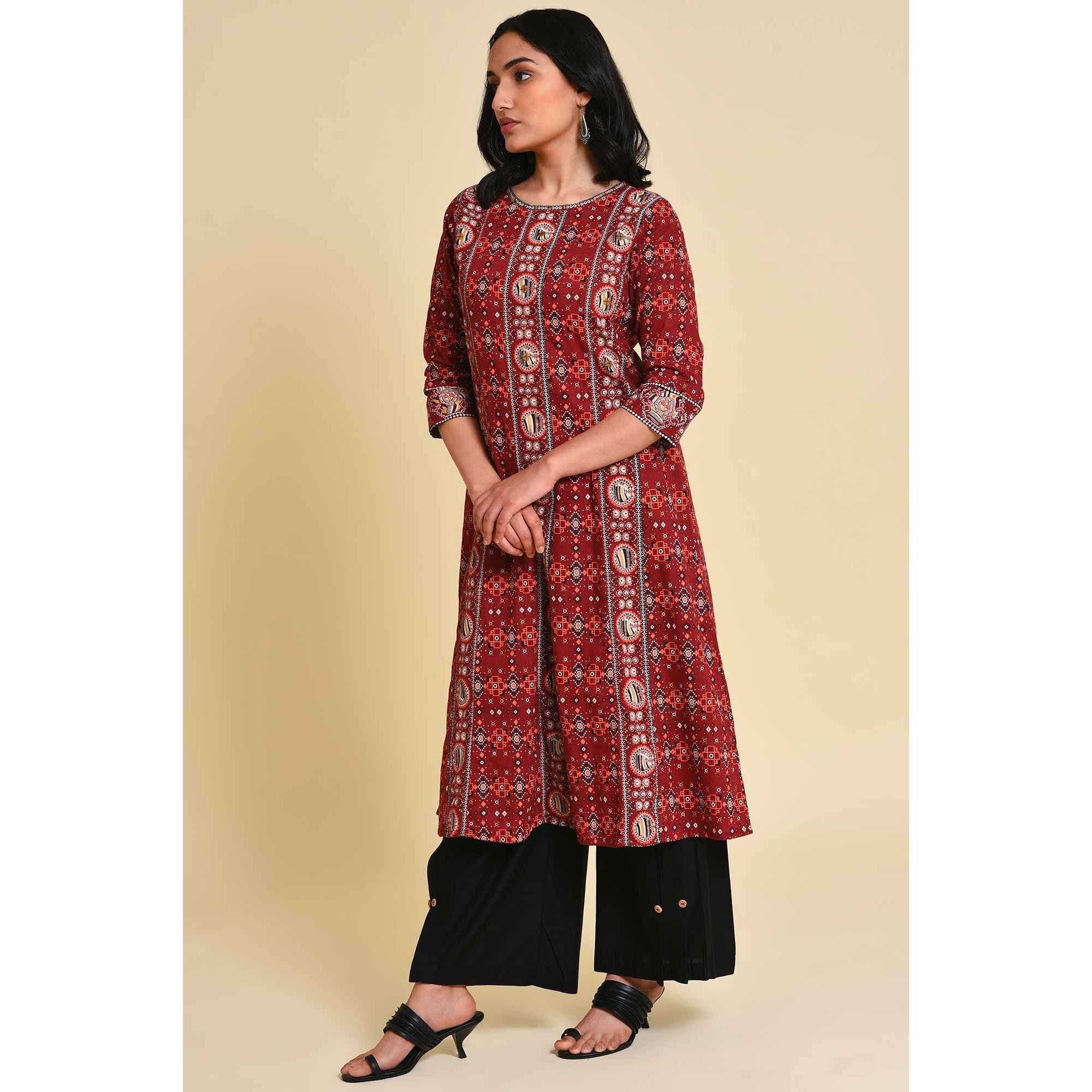 W For Woman Dark Red Geometric Printed Cotton Kurta And Palazzo Set