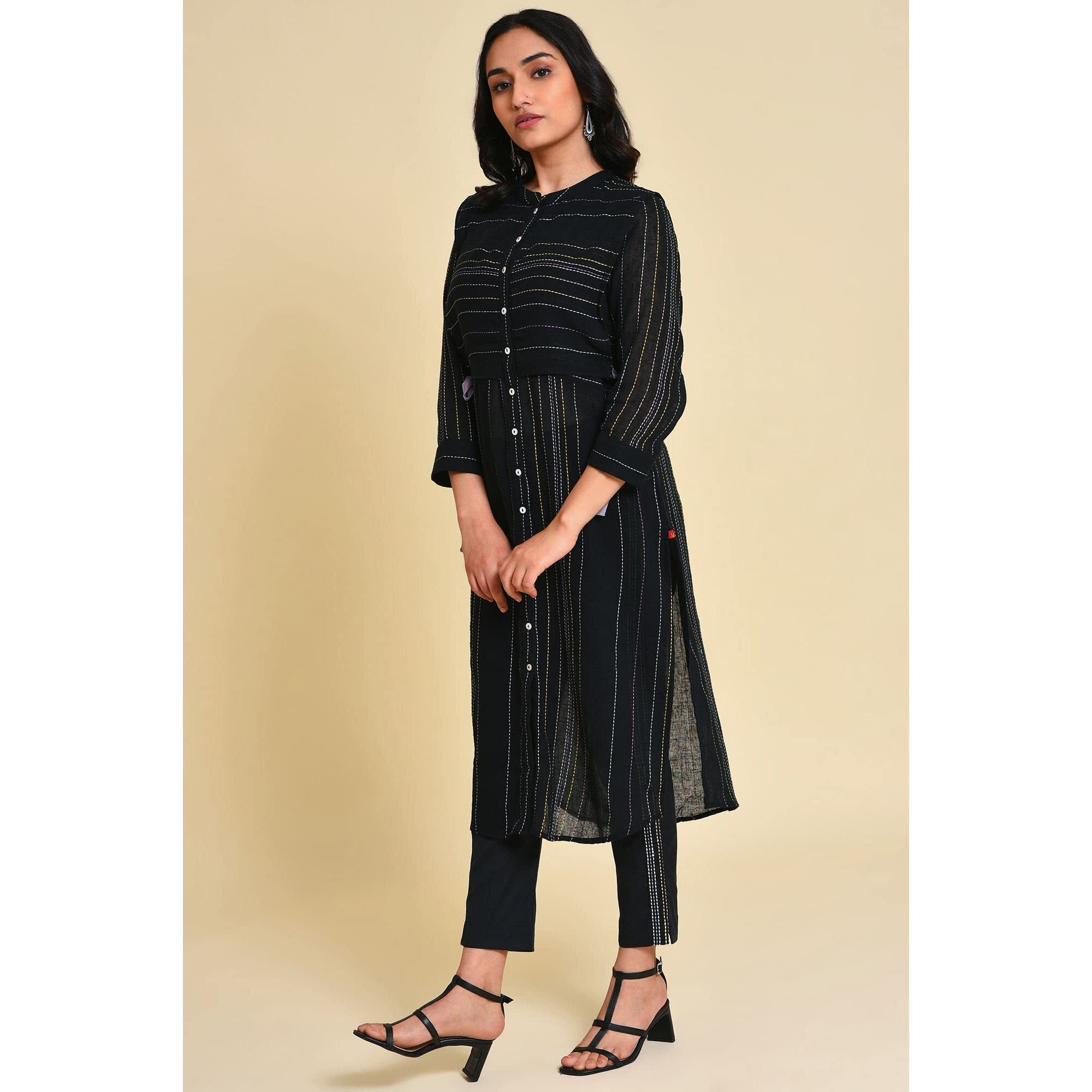W For Woman Black Mock Vest Kurta Set