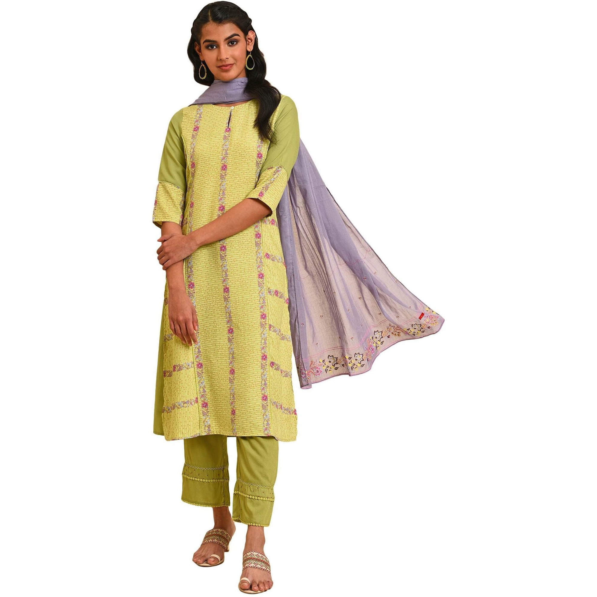 W For Woman Light Green Floral Printed Synthetic Kurta Dupatta Bottomwear