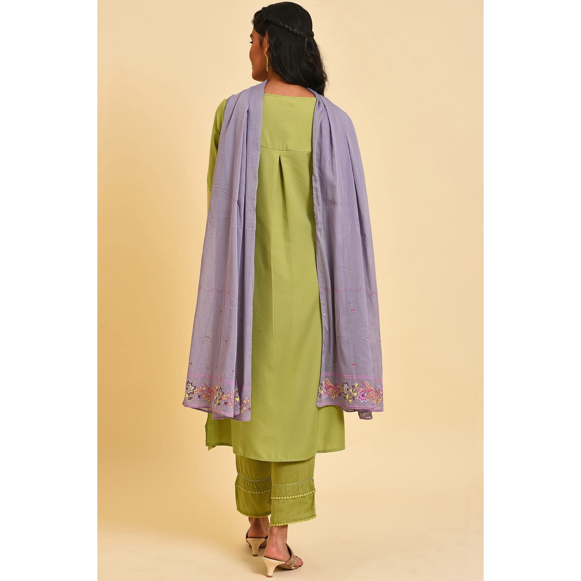 W For Woman Light Green Floral Printed Synthetic Kurta Dupatta Bottomwear