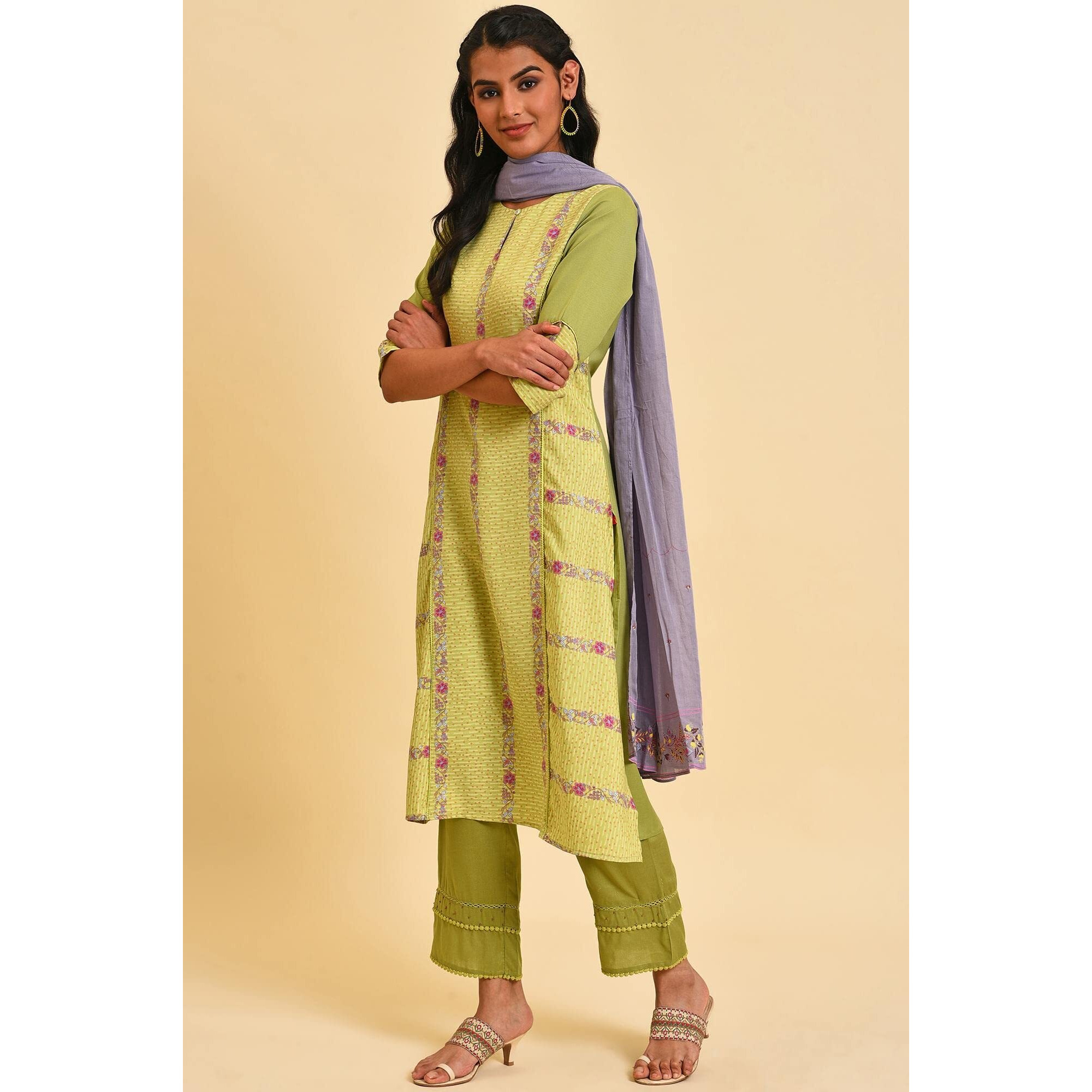 W For Woman Light Green Floral Printed Synthetic Kurta Dupatta Bottomwear