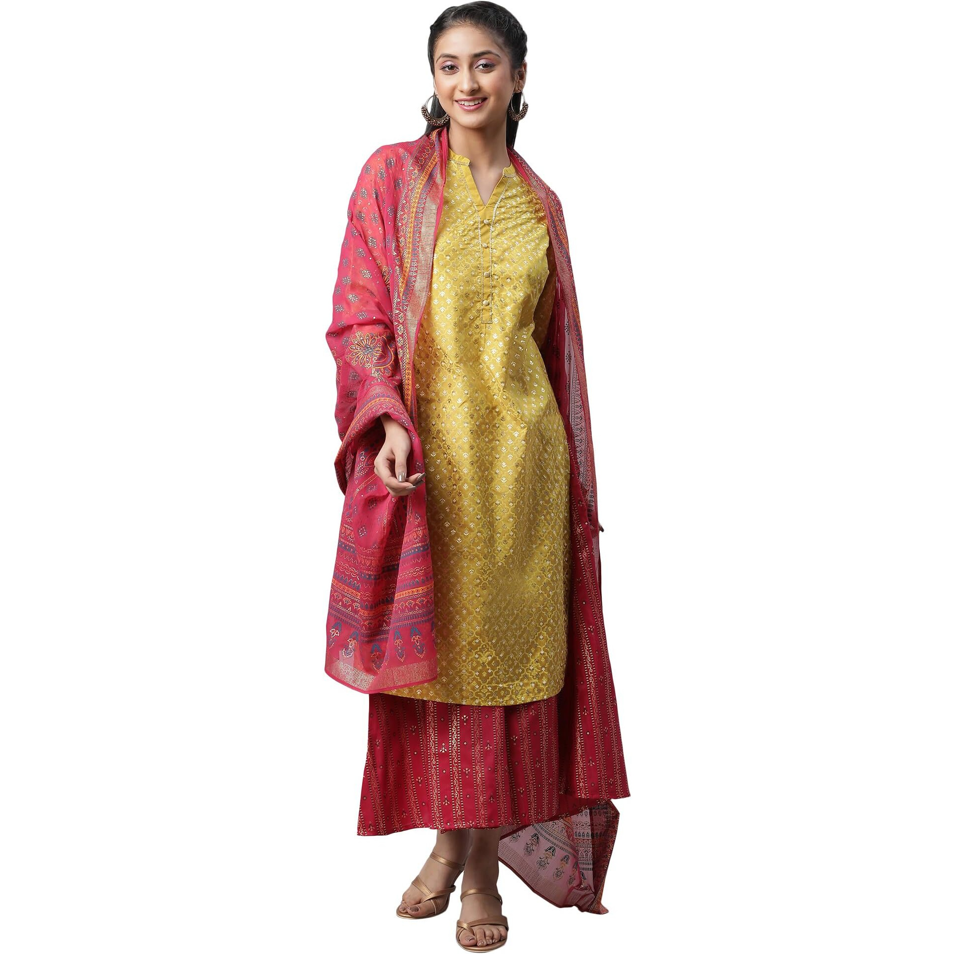 Aurelia Yellow Foil Printed Kurta, Culottes & Dupatta (Size S)-23Feas14254-505254