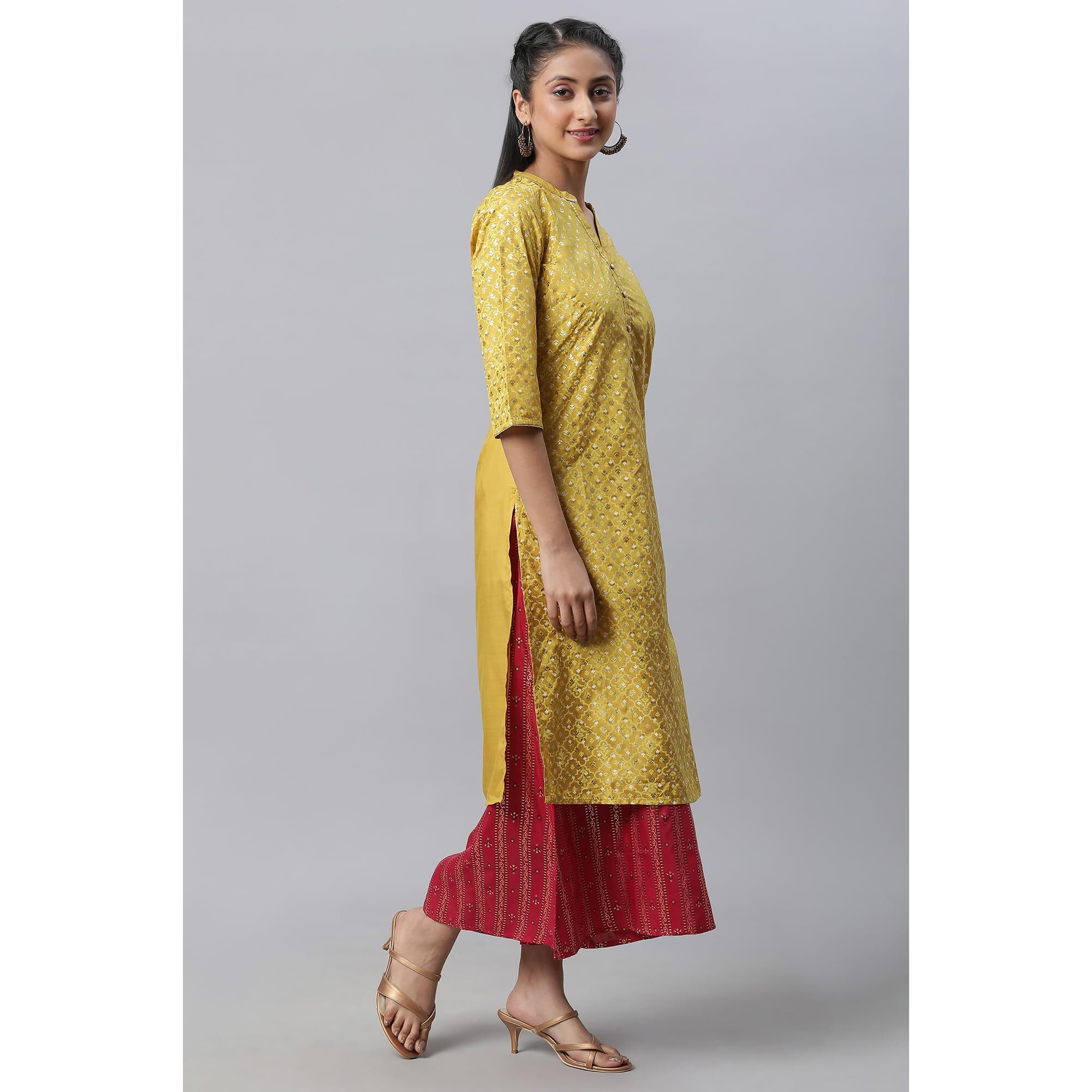 Aurelia Yellow Foil Printed Kurta, Culottes & Dupatta (Size S)-23Feas14254-505254