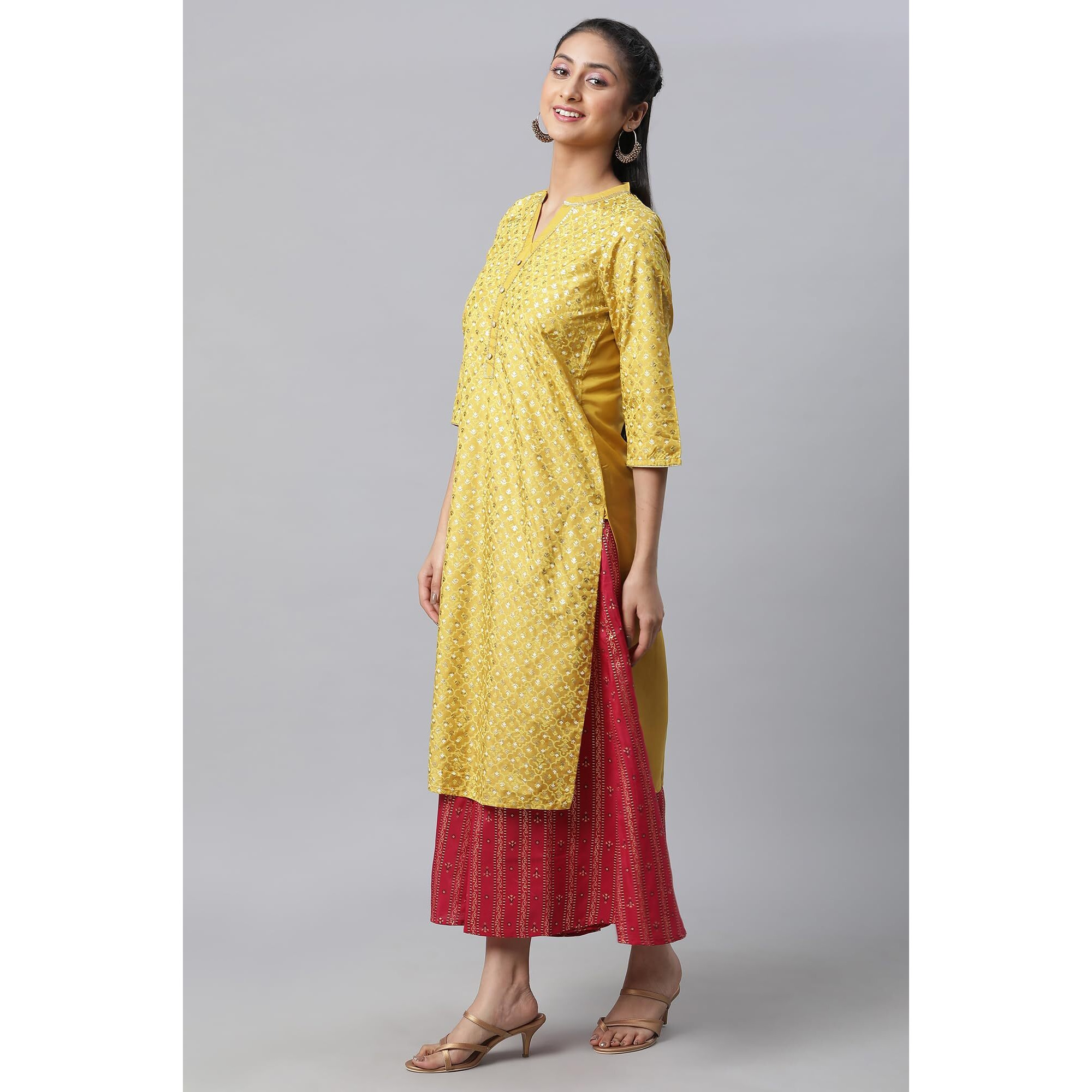 Aurelia Yellow Foil Printed Kurta, Culottes & Dupatta (Size S)-23Feas14254-505254
