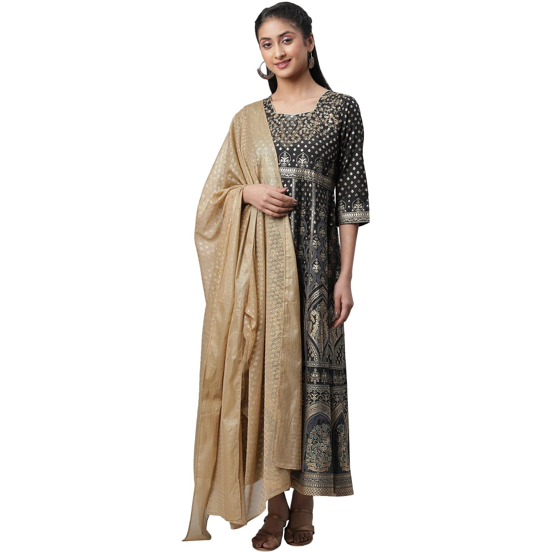 Aurelia Black Embellished Dress, Tights & Dupatta Set (Size L)-23Feas14256-505248