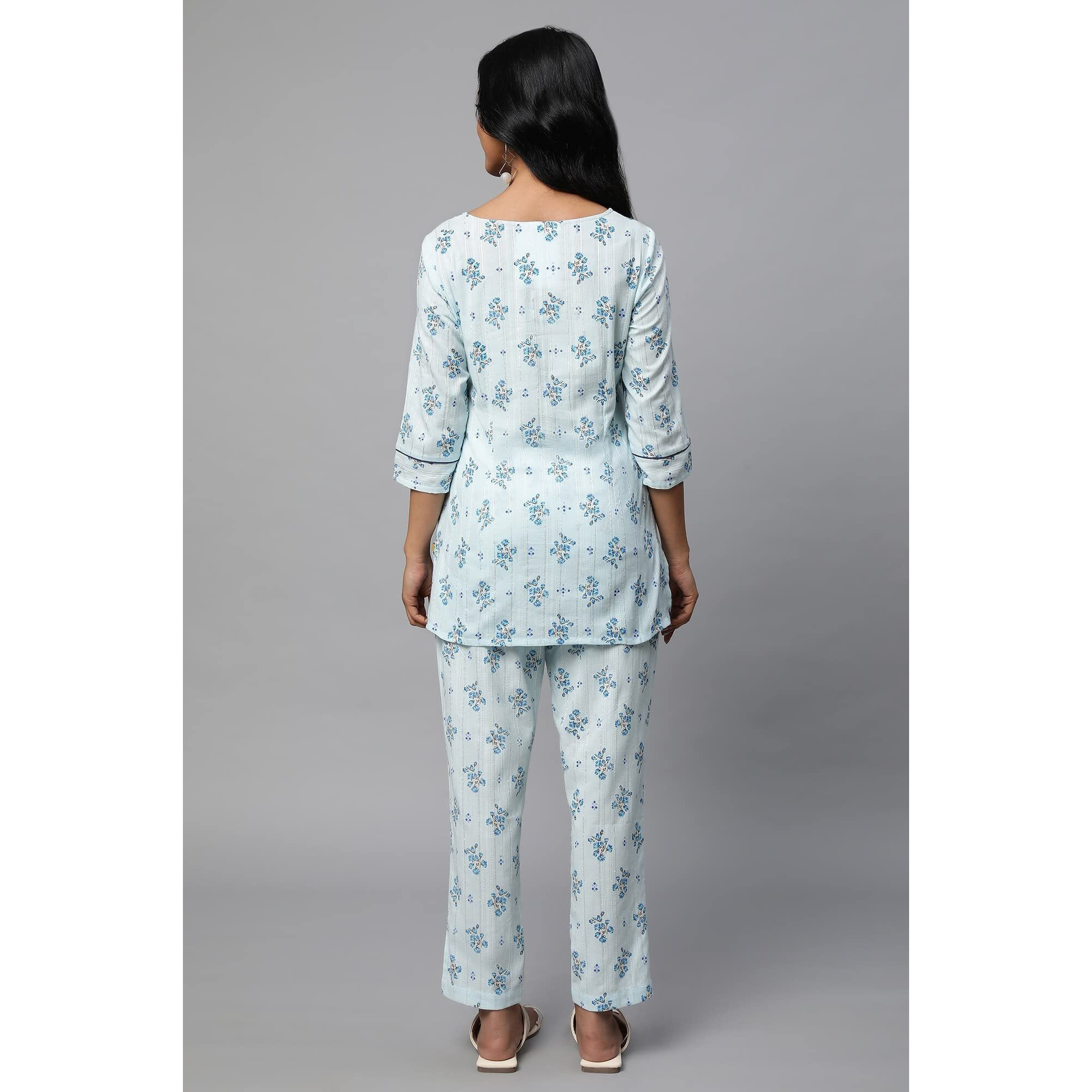Blue Floral Print Summer Kurti Co-Ord Set