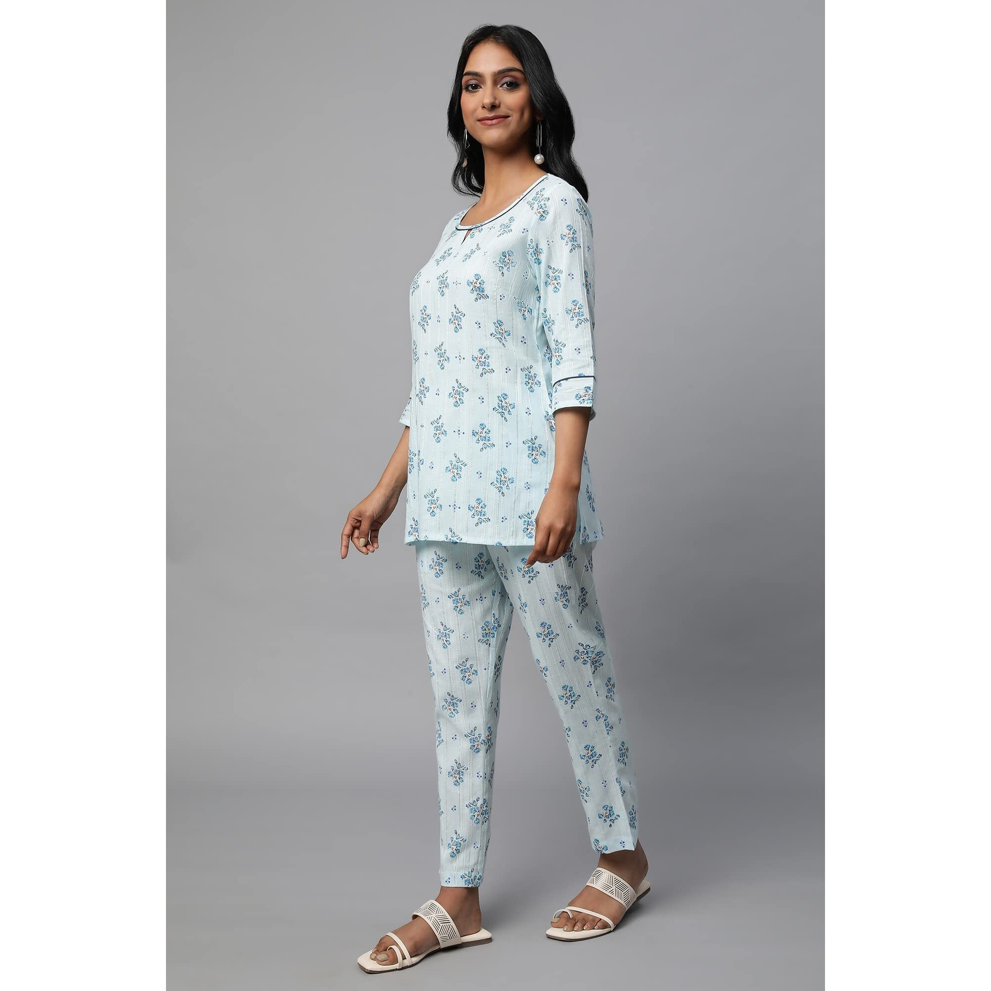 Blue Floral Print Summer Kurti Co-Ord Set