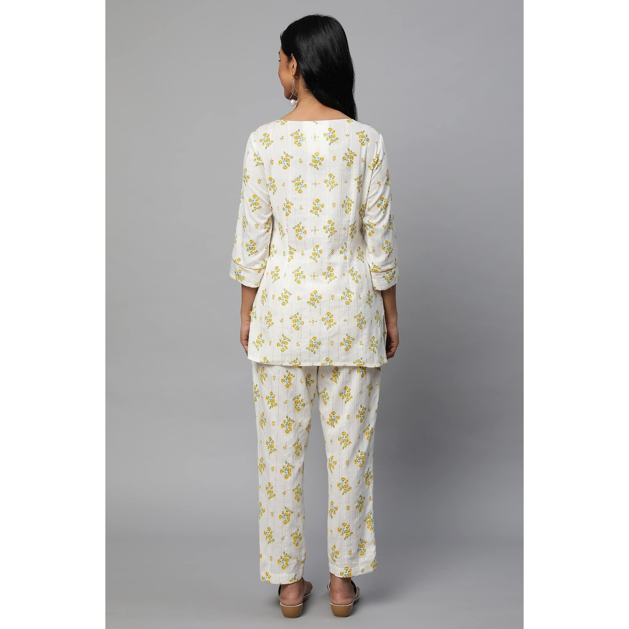 Beige Floral Print Summer Kurti Co-Ord Set