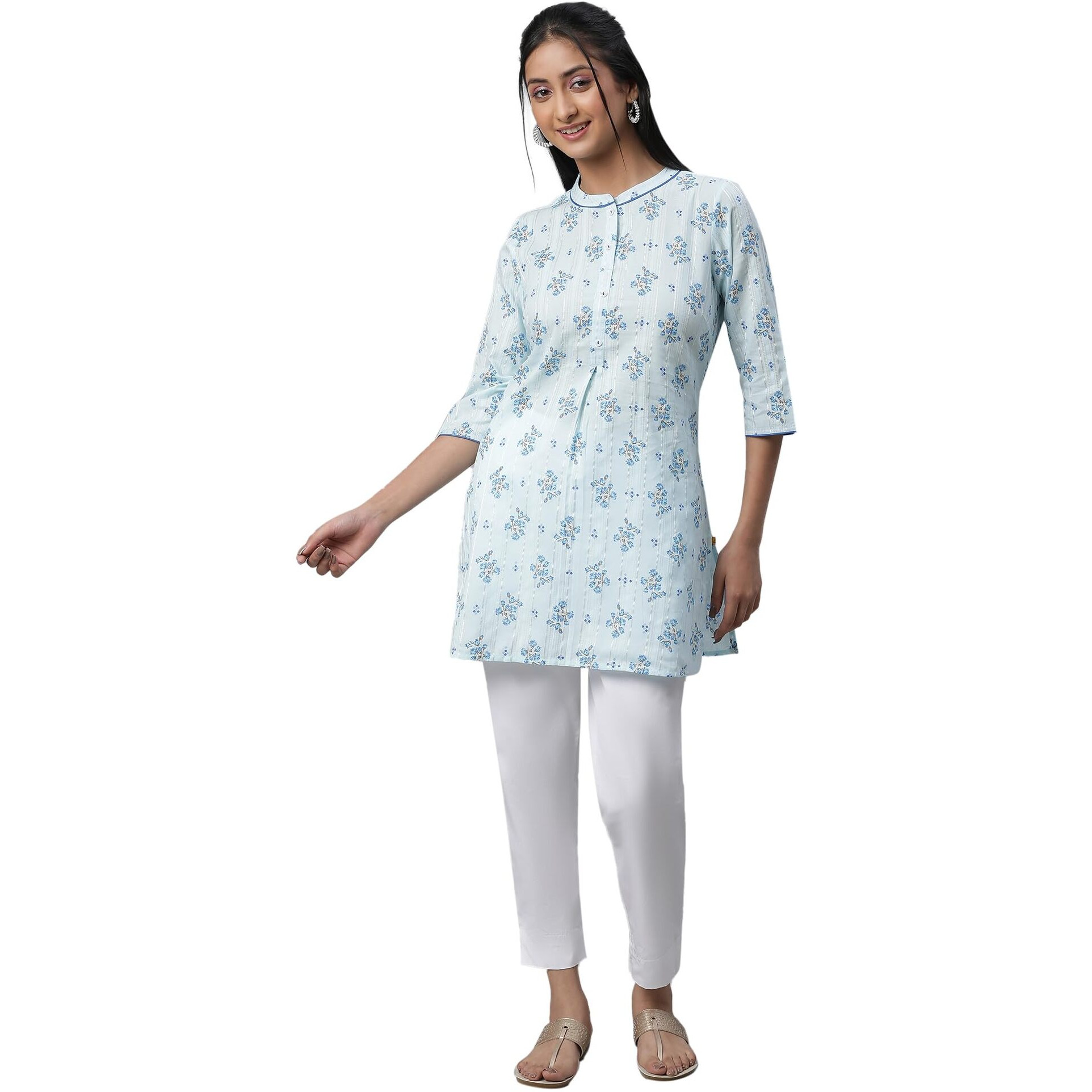 Blue Floral Printed Textured Kurti