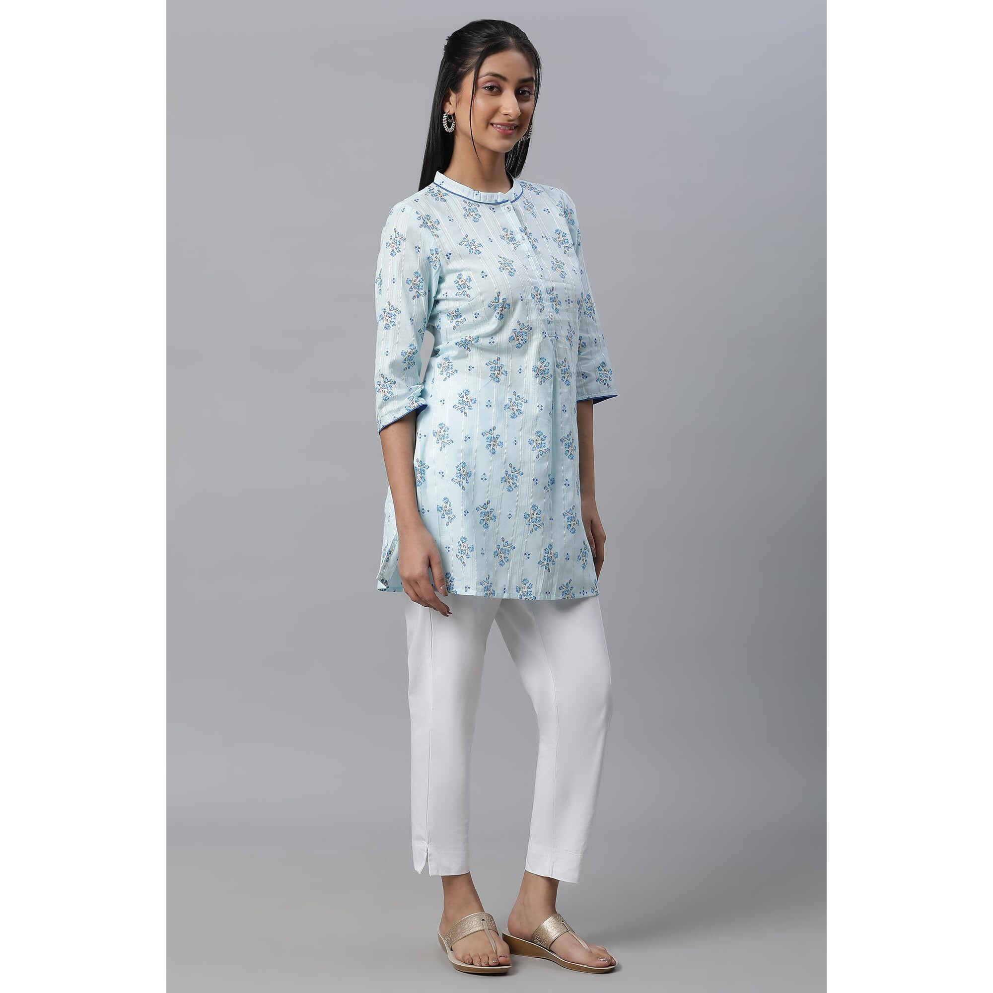 Blue Floral Printed Textured Kurti