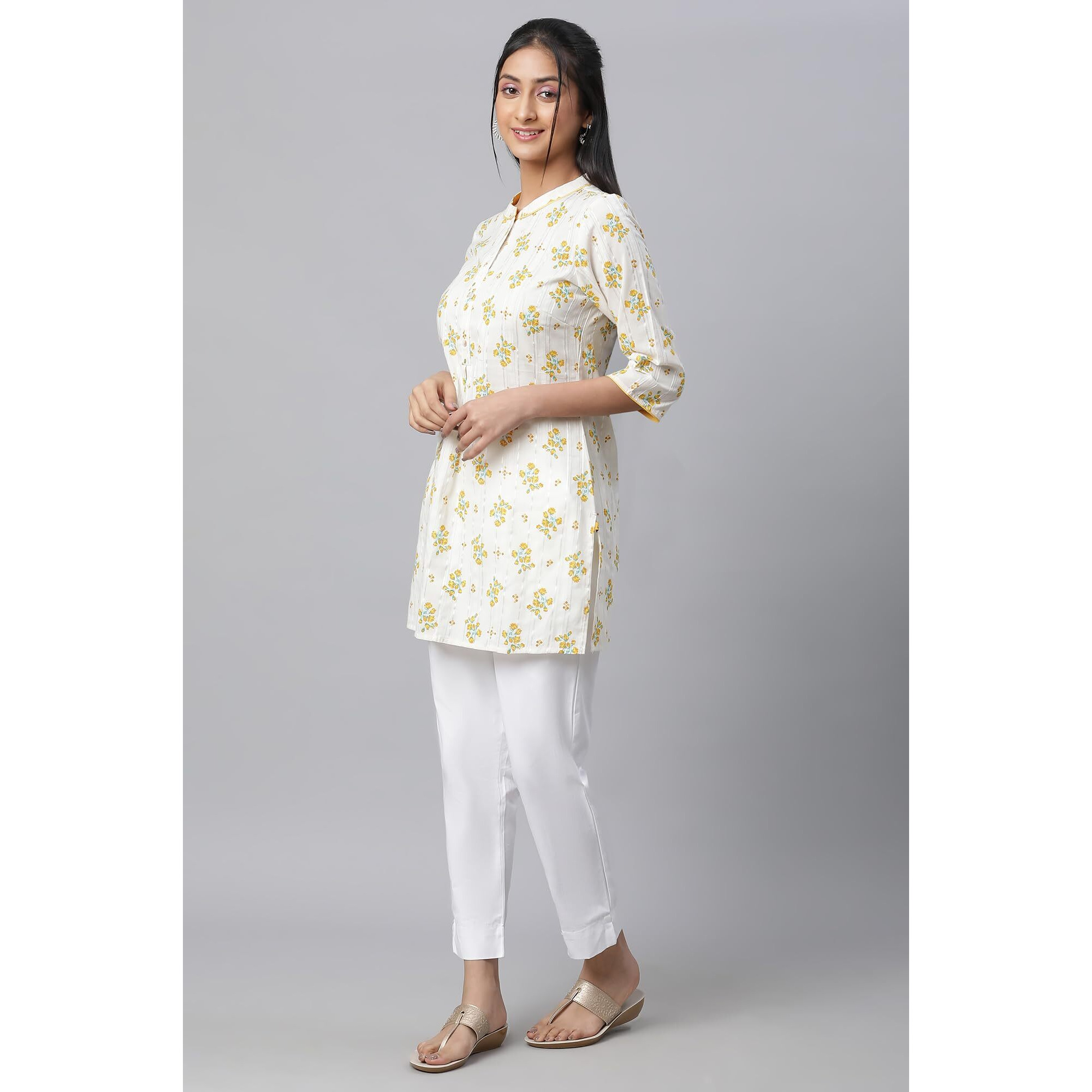 Beige Floral Printed Textured Kurti