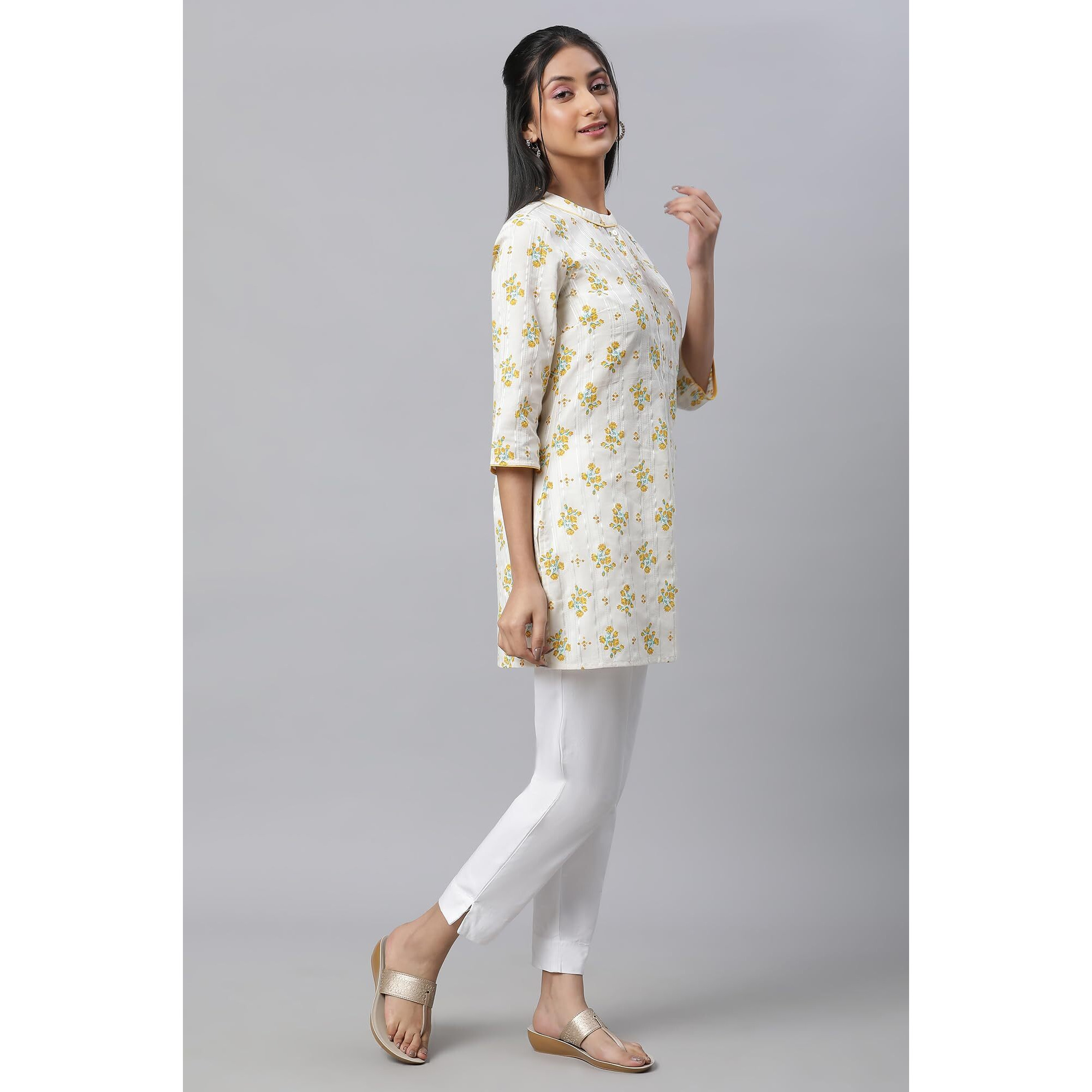 Beige Floral Printed Textured Kurti