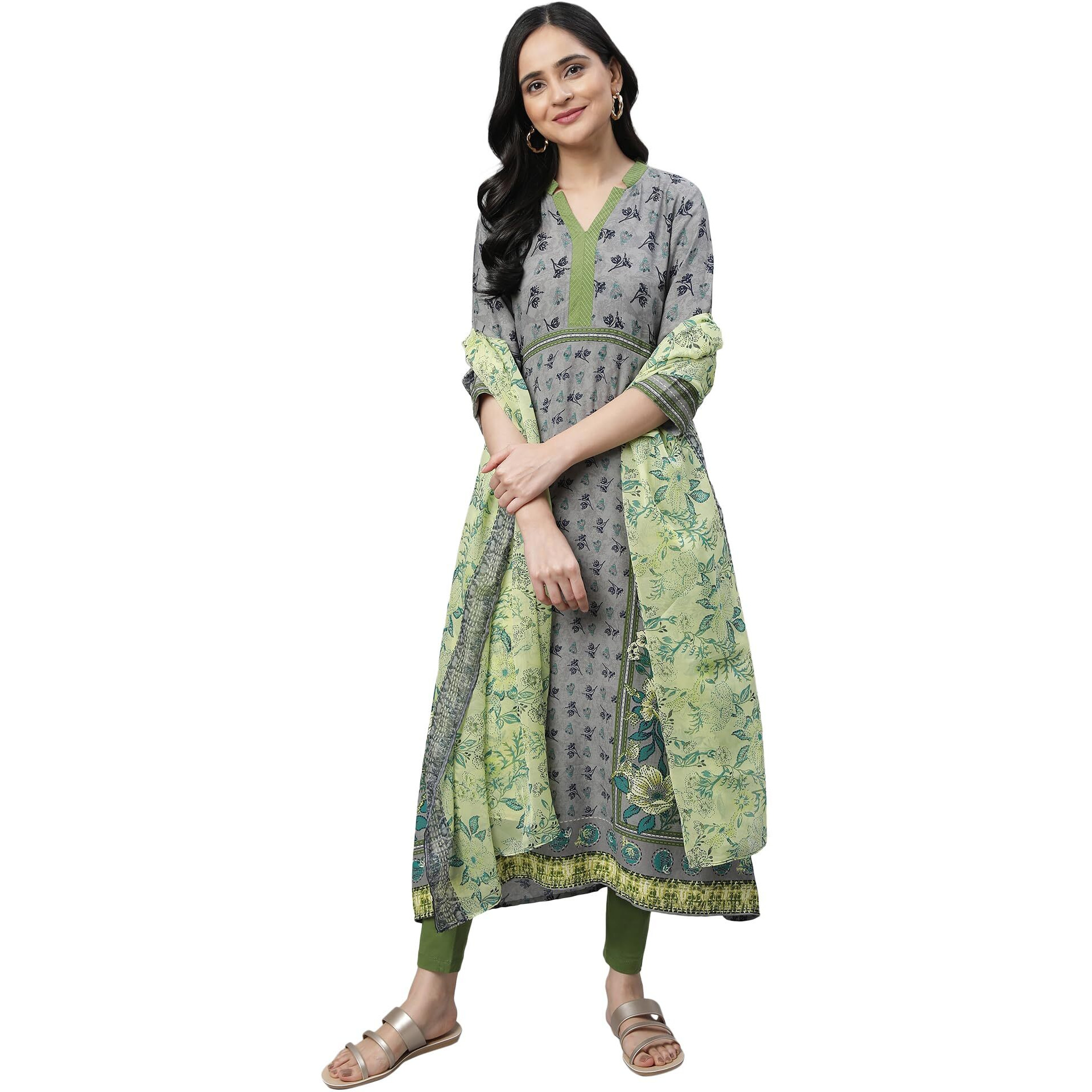 Grey Printed A-Line Kurta, Tights & Dupatta Set (Size S)-21Auas14388-503553