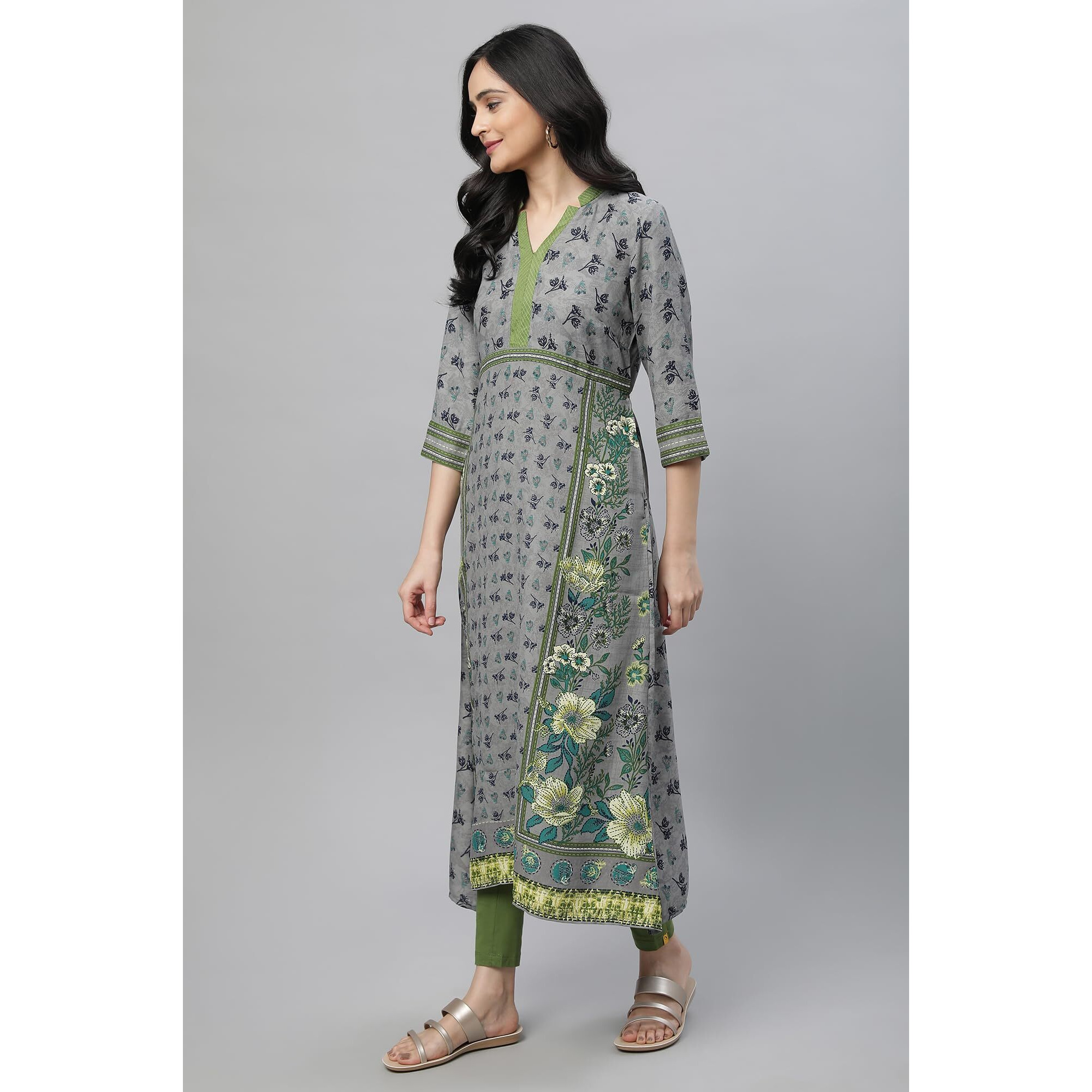 Grey Printed A-Line Kurta, Tights & Dupatta Set (Size S)-21Auas14388-503553