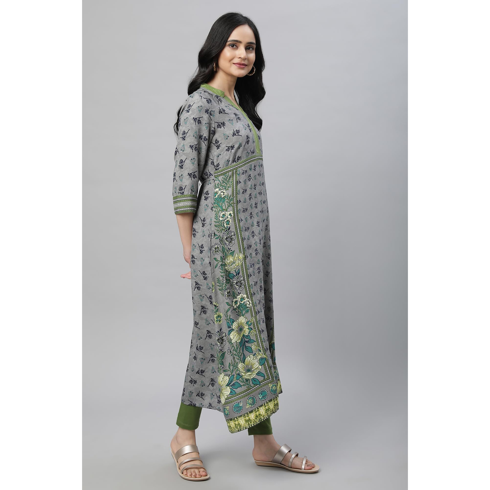Grey Printed A-Line Kurta, Tights & Dupatta Set (Size S)-21Auas14388-503553