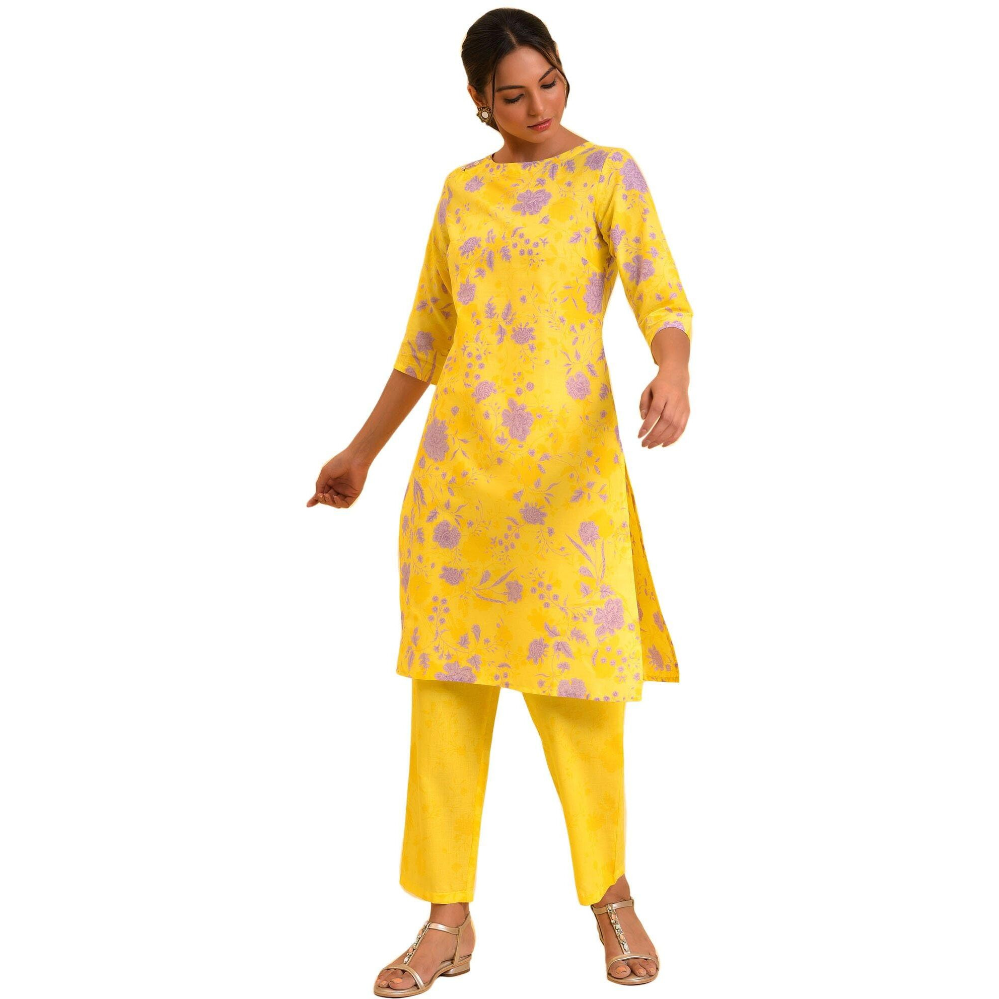 W For Woman Yellow Floral Print Kurta & Straight Pants Co-Ord Set (Size Xs)-23Fews10025-122397