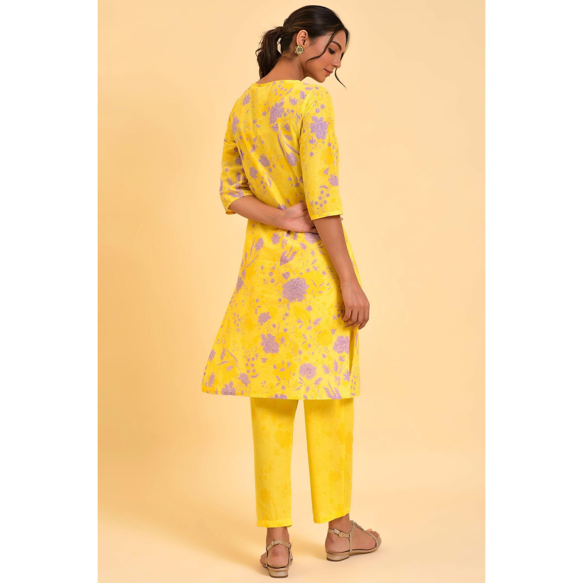 W For Woman Yellow Floral Print Kurta & Straight Pants Co-Ord Set (Size Xs)-23Fews10025-122397