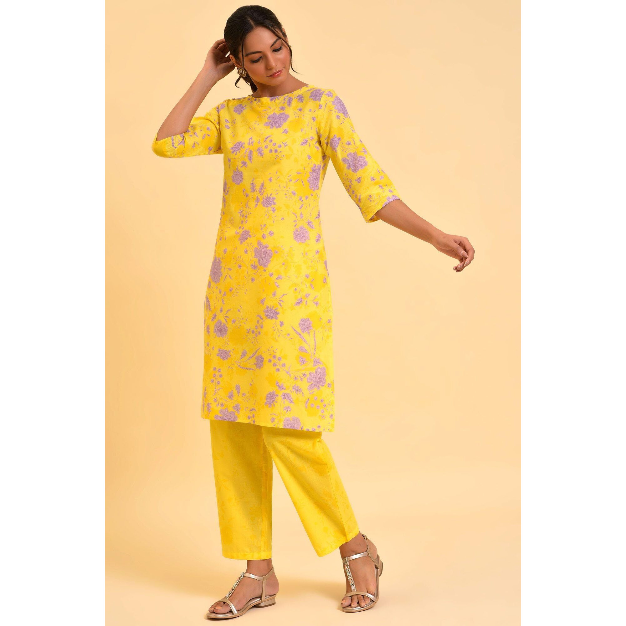 W For Woman Yellow Floral Print Kurta & Straight Pants Co-Ord Set (Size Xs)-23Fews10025-122397