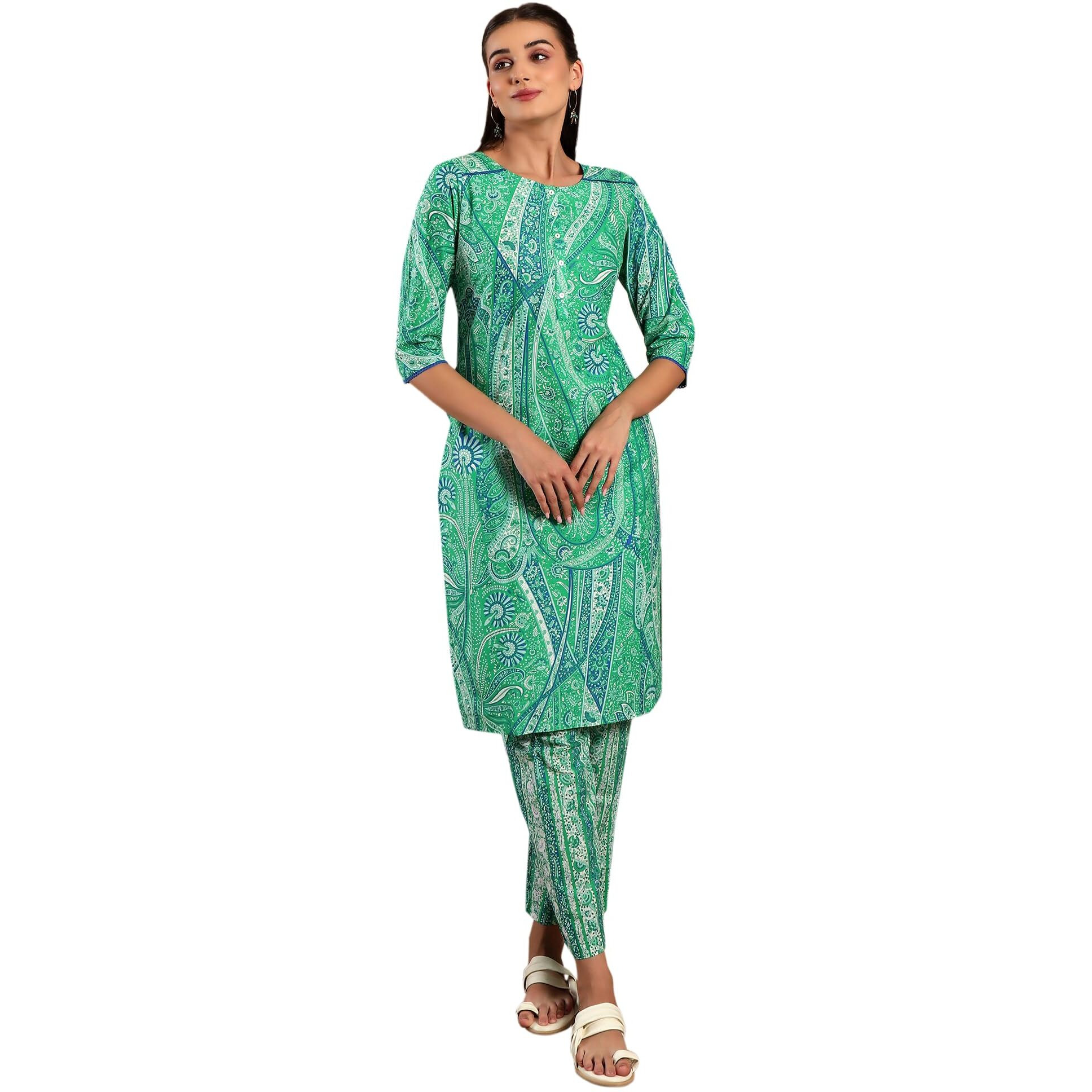 W For Woman Dark Green Paisley Printed Cotton Kurta And Pant Set