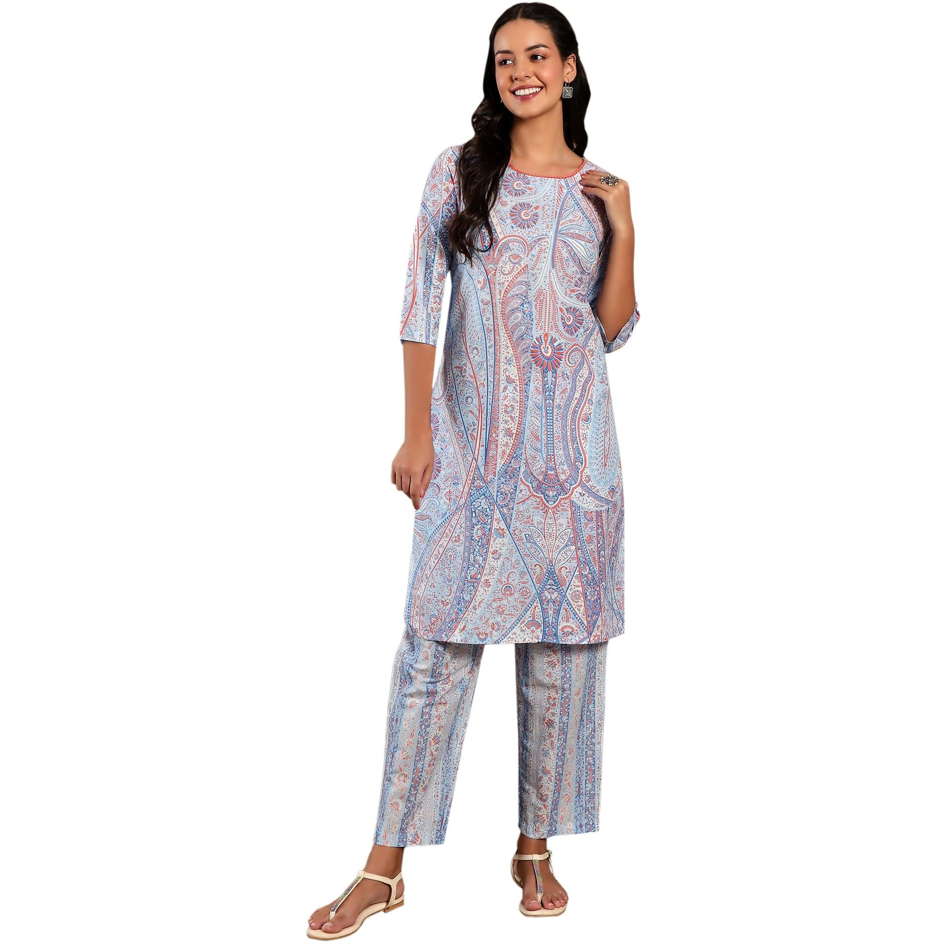 W For Woman Light Blue Paisley Printed Kurta Co-Ord Set