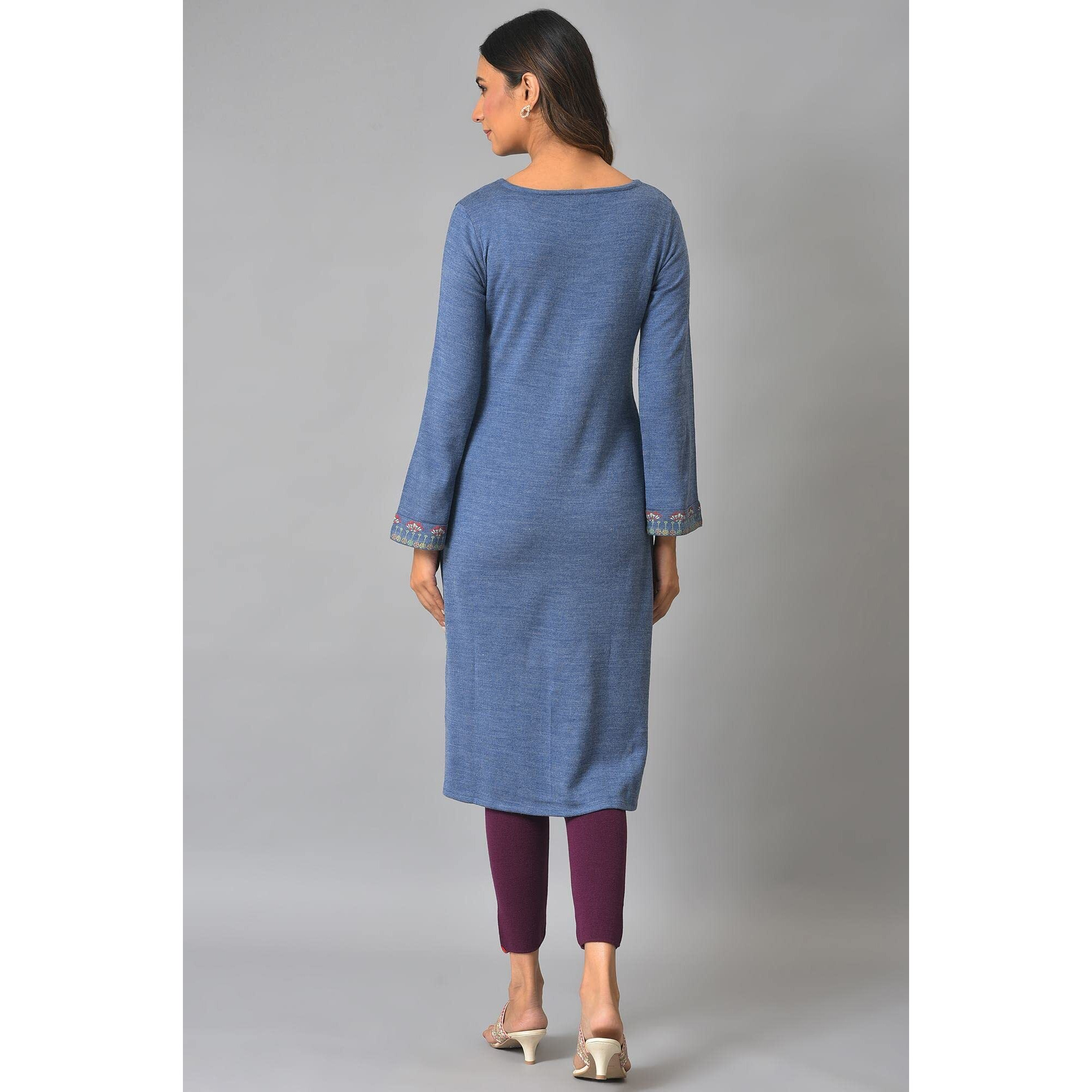 W For Woman Blue Contemporary Floral Printed Winter Kurta_22Now18414-119403P_L