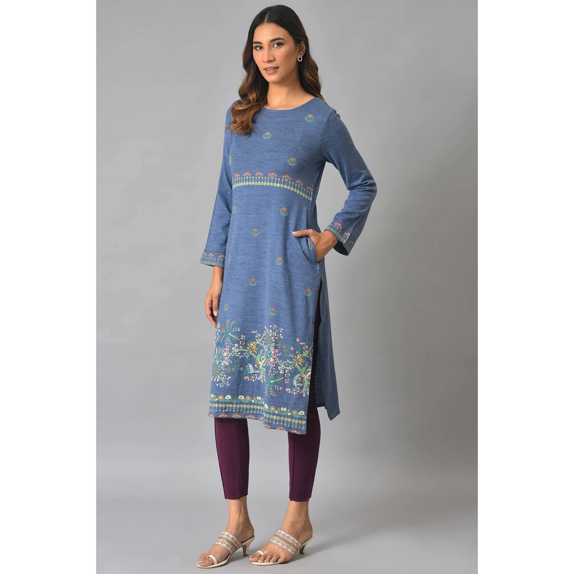W For Woman Blue Contemporary Floral Printed Winter Kurta_22Now18414-119403P_L