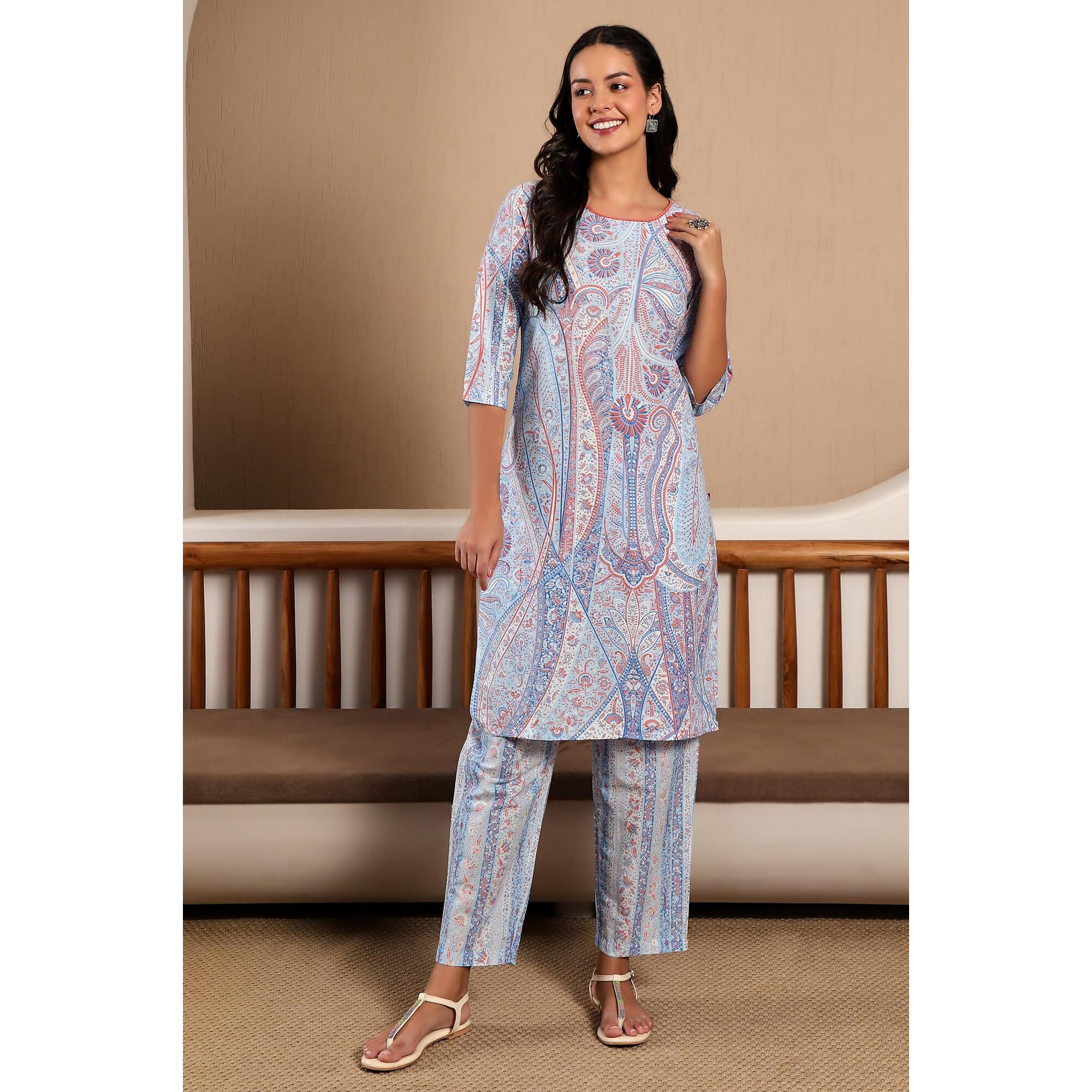 W For Woman Light Blue Paisley Printed Kurta Co-Ord Set