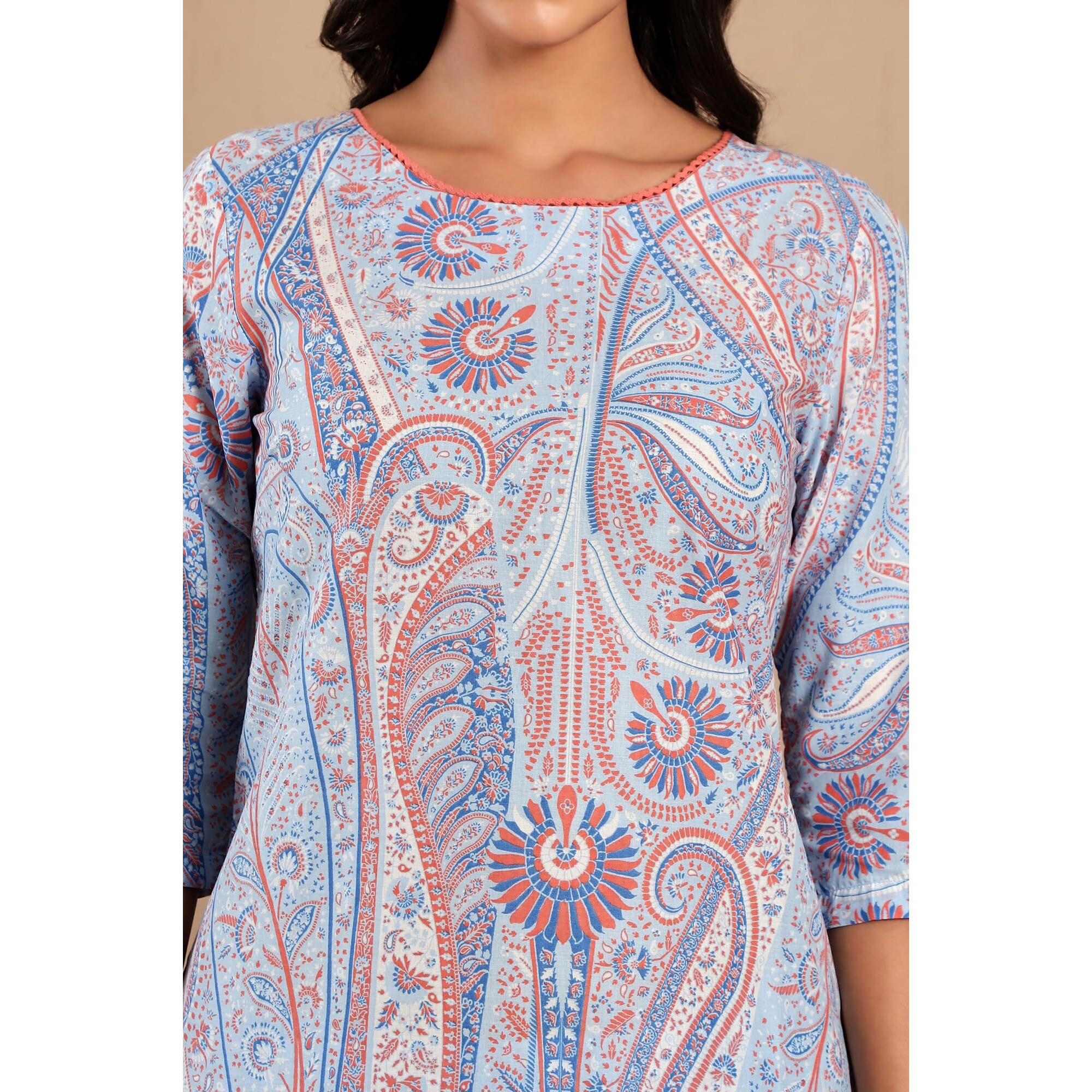 W For Woman Light Blue Paisley Printed Kurta Co-Ord Set