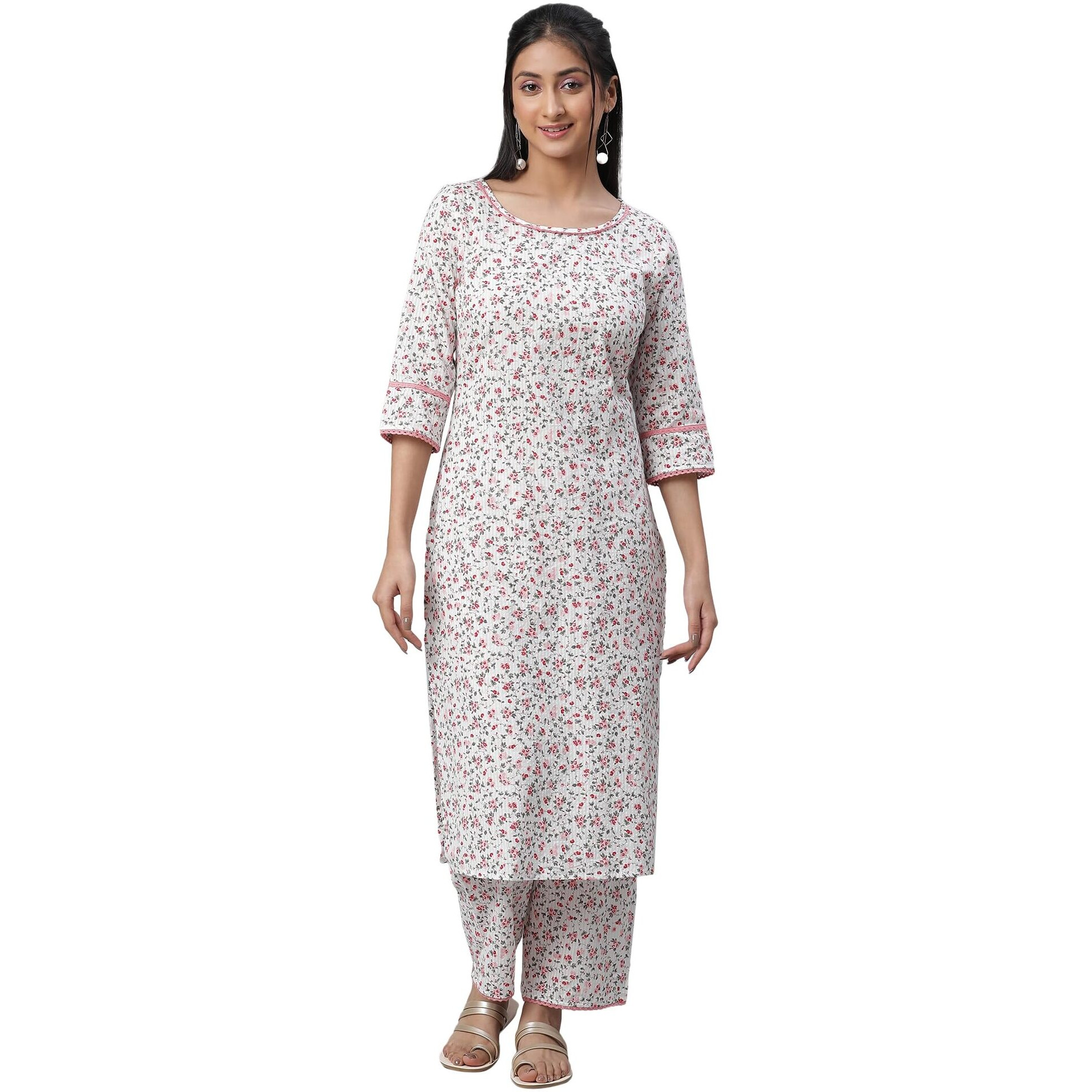 Aurelia Floral Printed White Cotton-Rayon Blend Women's Kurta And Trousers Set