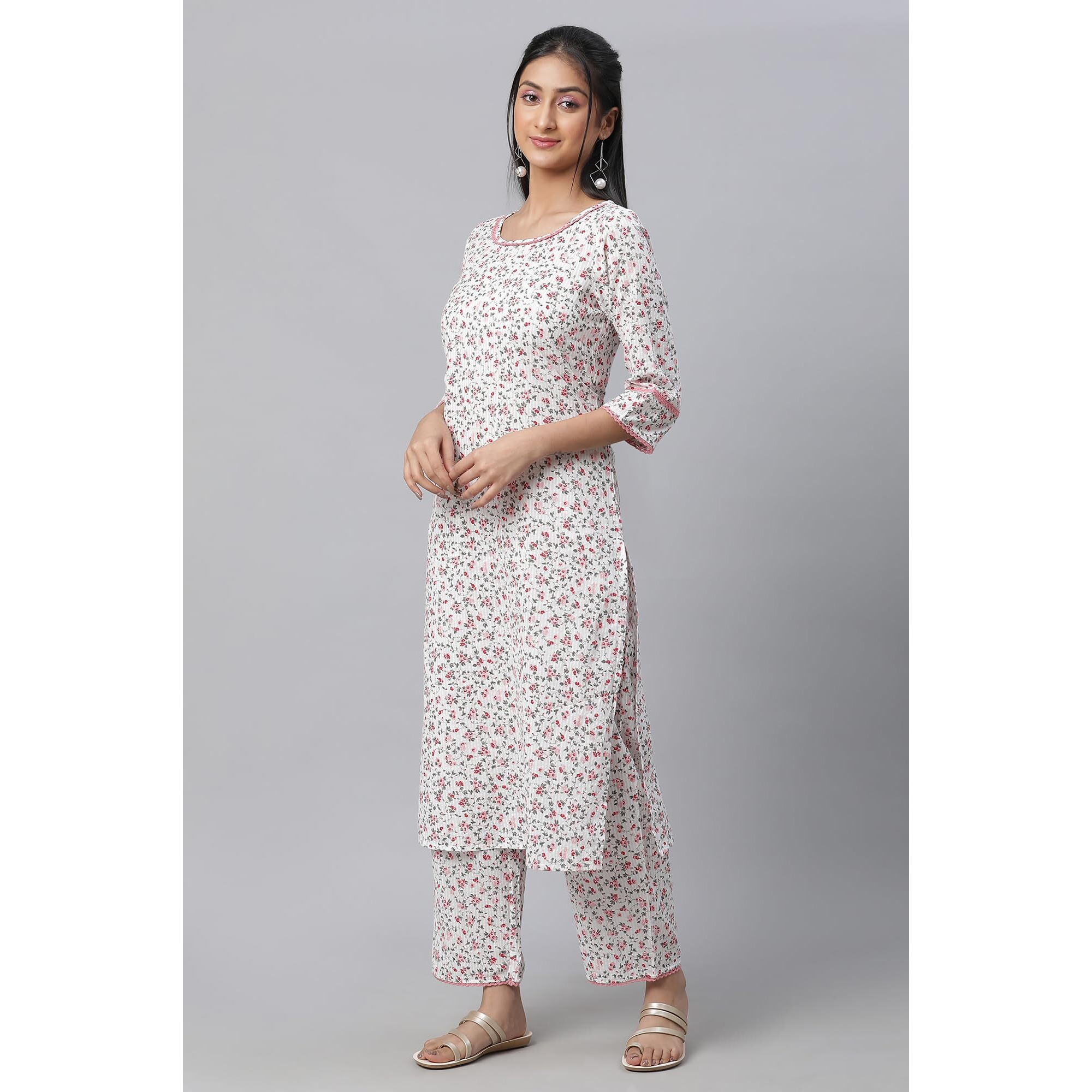 Aurelia Floral Printed White Cotton-Rayon Blend Women's Kurta And Trousers Set