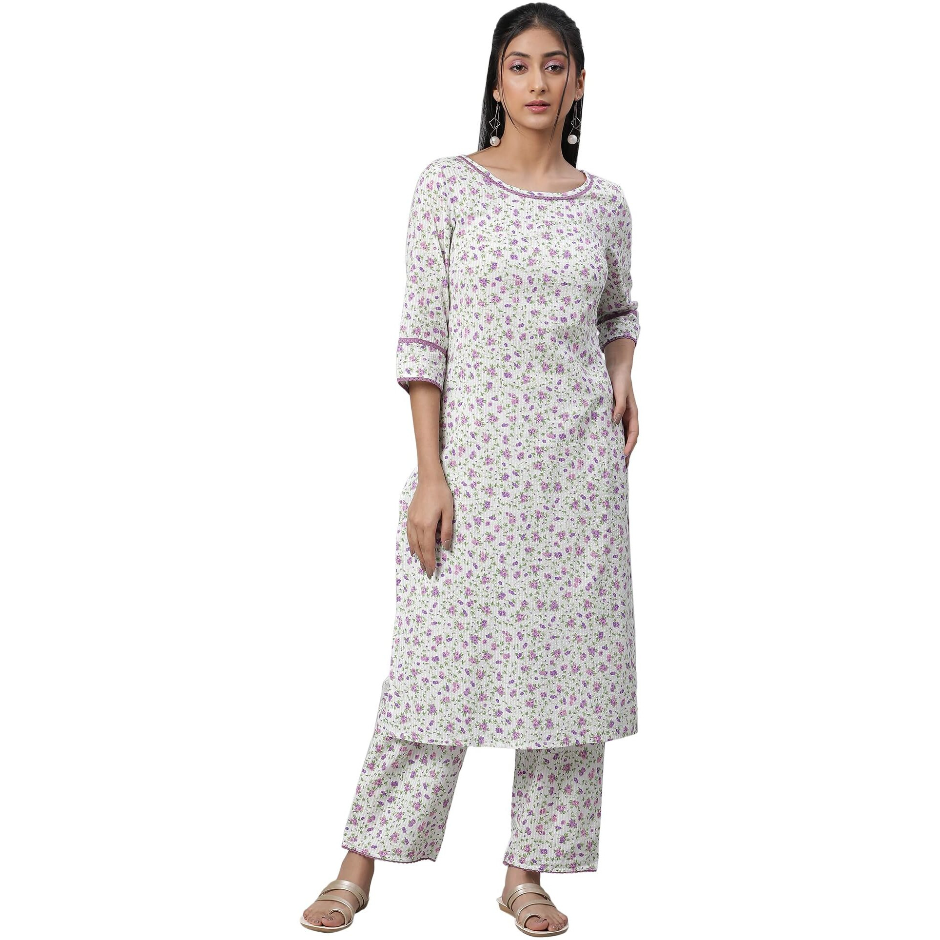 Aurelia Floral Printed White Cotton-Rayon Blend Women's Kurta And Trousers Set