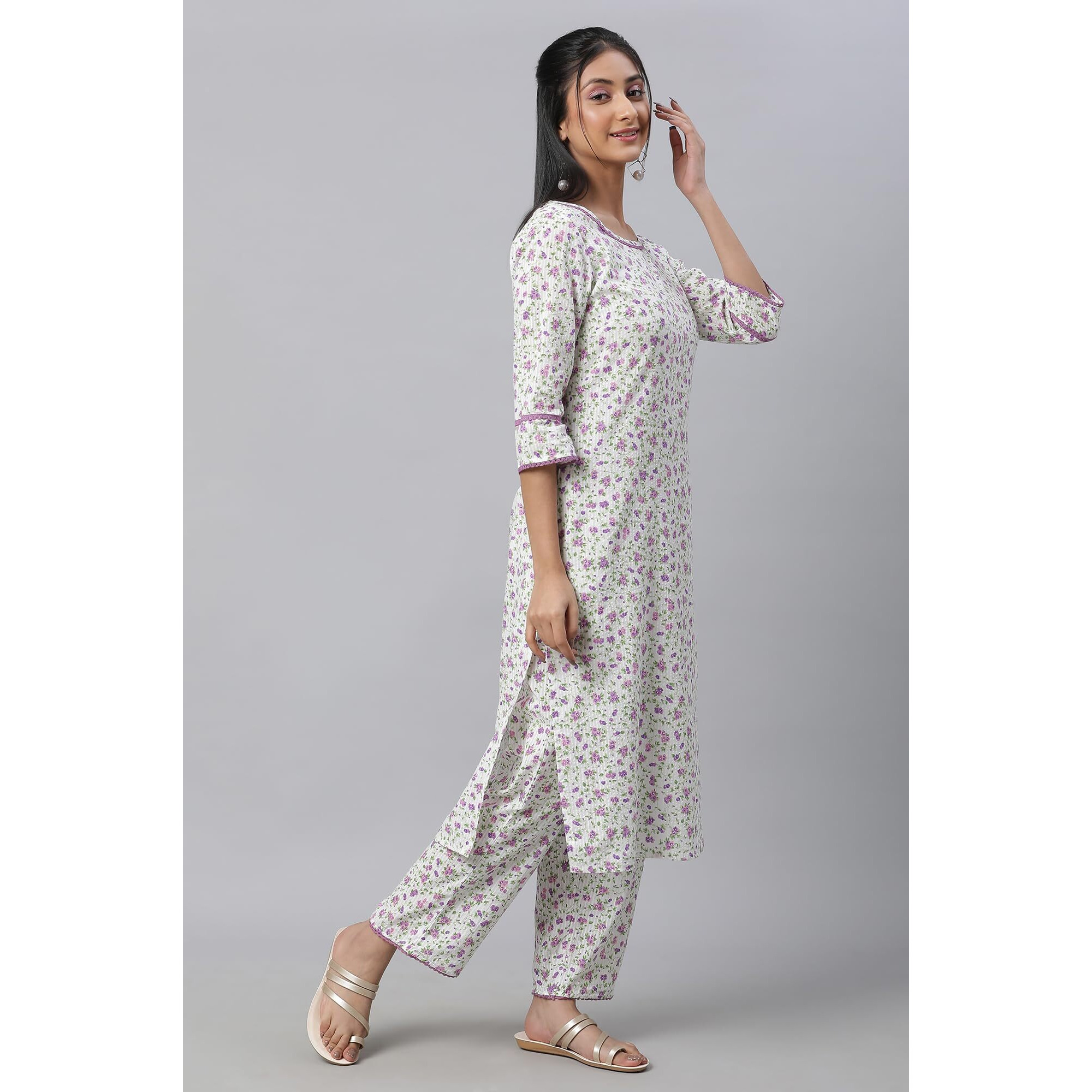 Aurelia Floral Printed White Cotton-Rayon Blend Women's Kurta And Trousers Set