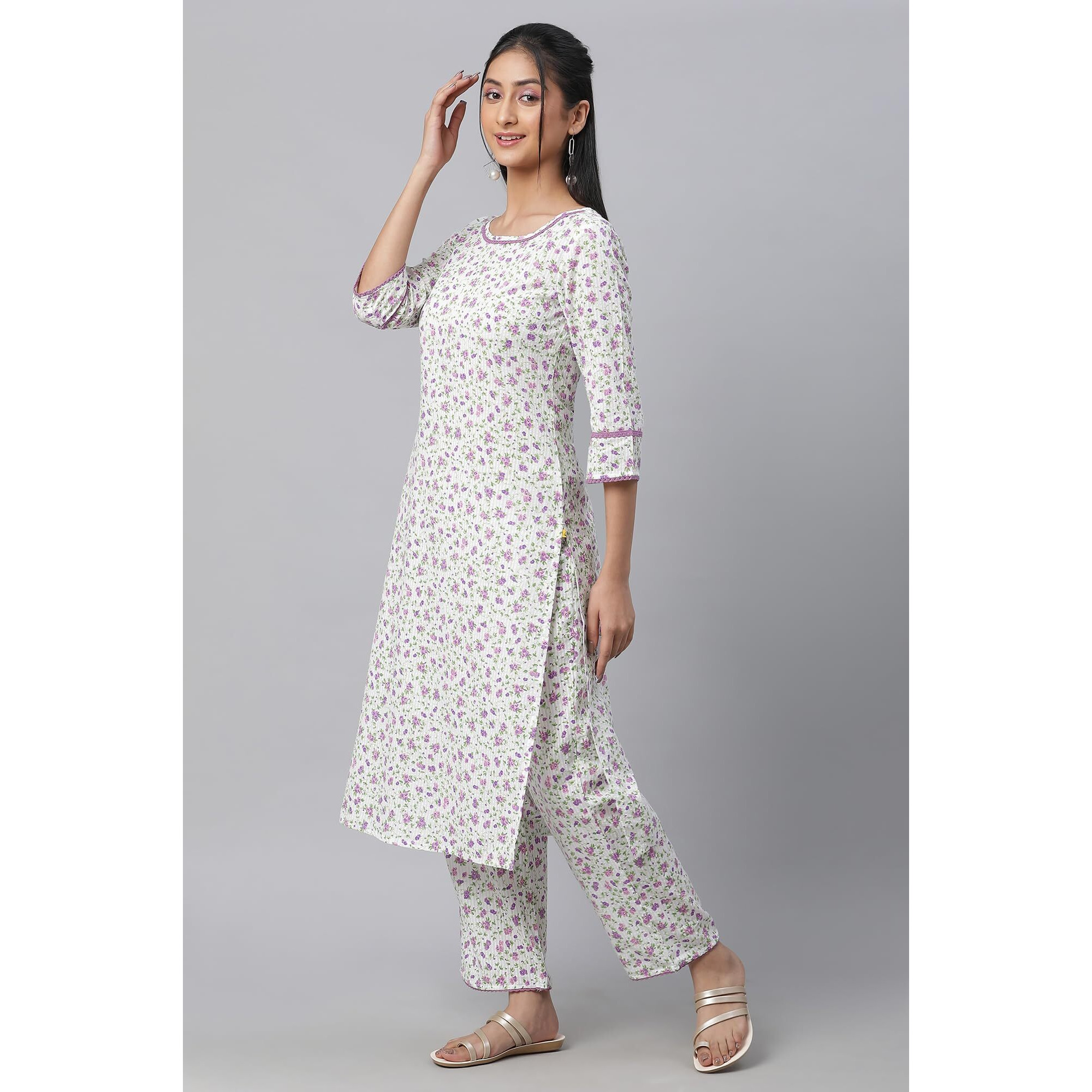 Aurelia Floral Printed White Cotton-Rayon Blend Women's Kurta And Trousers Set