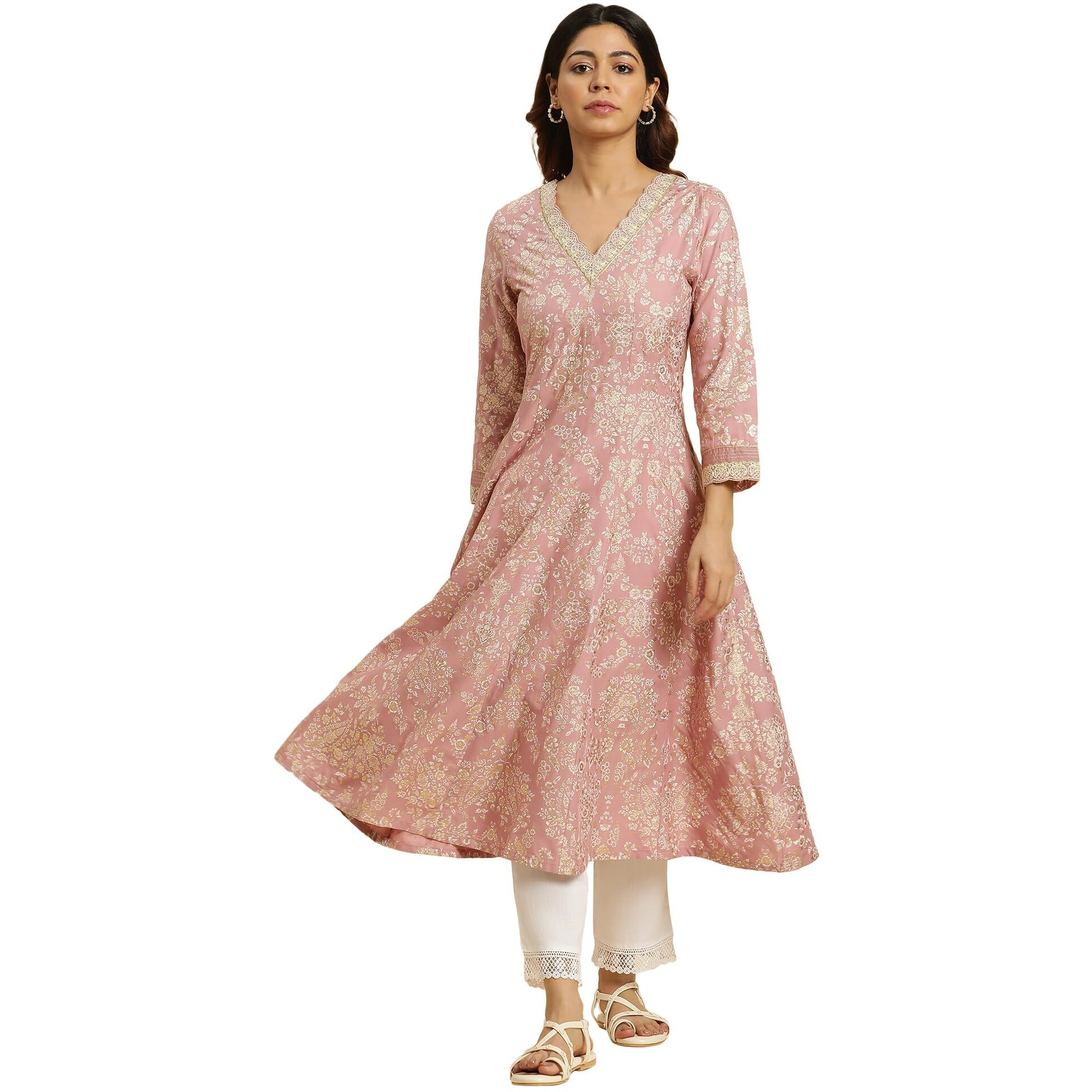 W For Woman Pink Floral Foil Printed Flared Kurta (Size L)-23Auw19799-119500