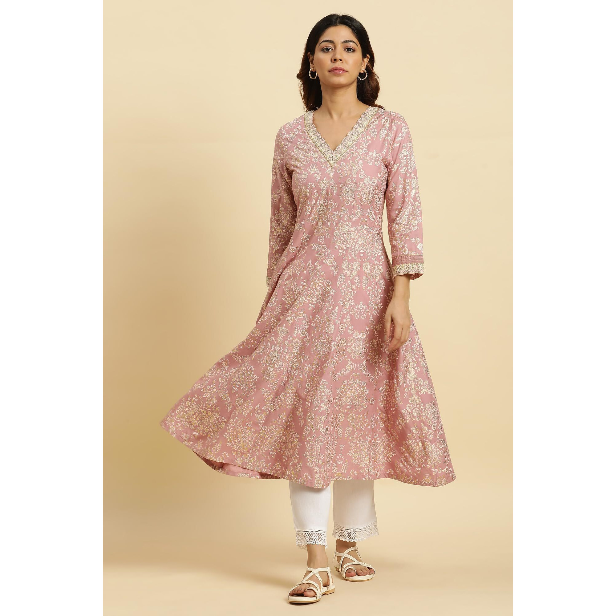 W For Woman Pink Floral Foil Printed Flared Kurta (Size L)-23Auw19799-119500