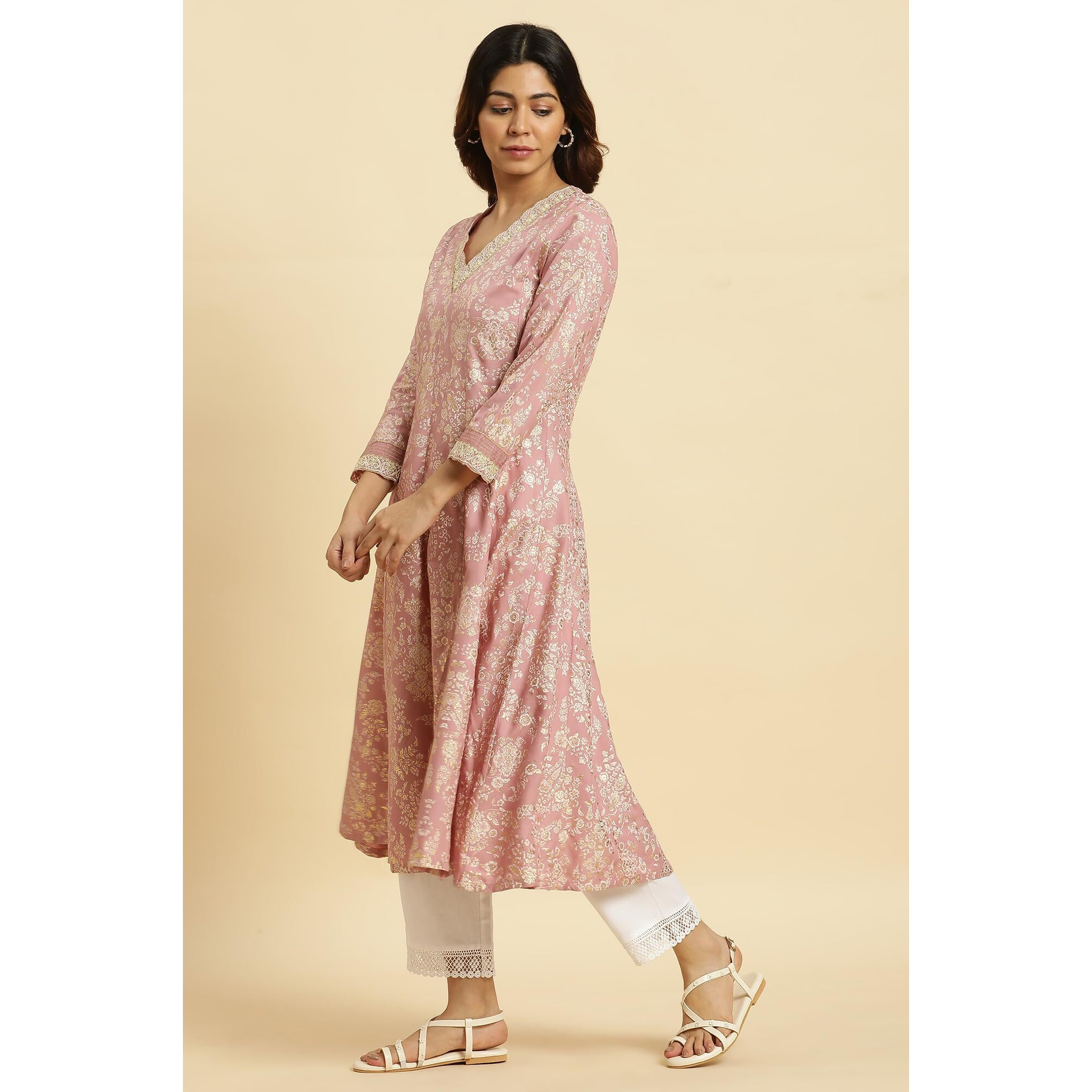 W For Woman Pink Floral Foil Printed Flared Kurta (Size S)-23Auw19799-119500