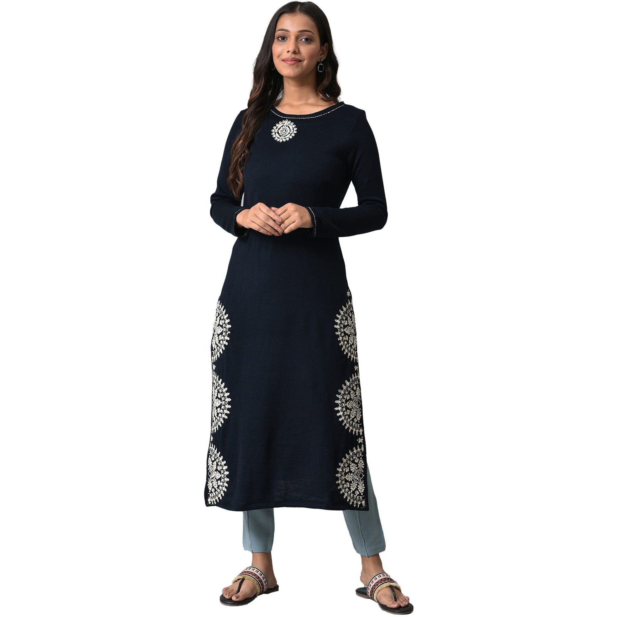 W For Woman Dark Blue Embroidered Plus Size Winter Kurta_22Now18542G-217479_4Xl