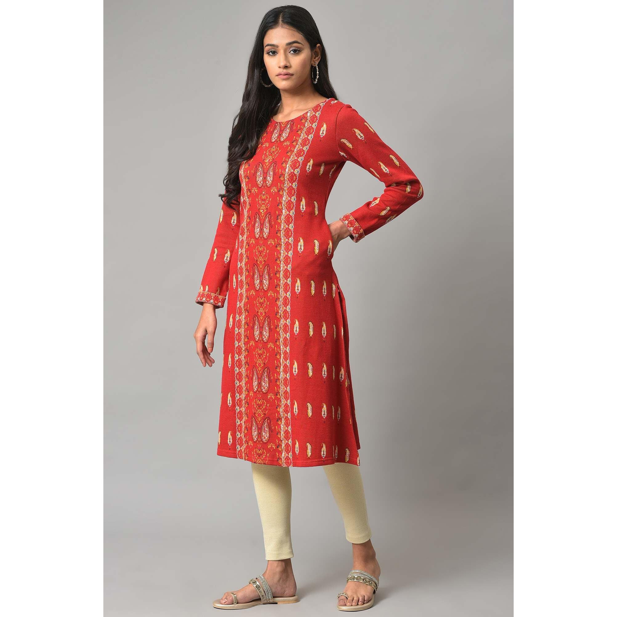 W For Woman Red Paisley Printed Winter Kurta_22Now18546-312483_M