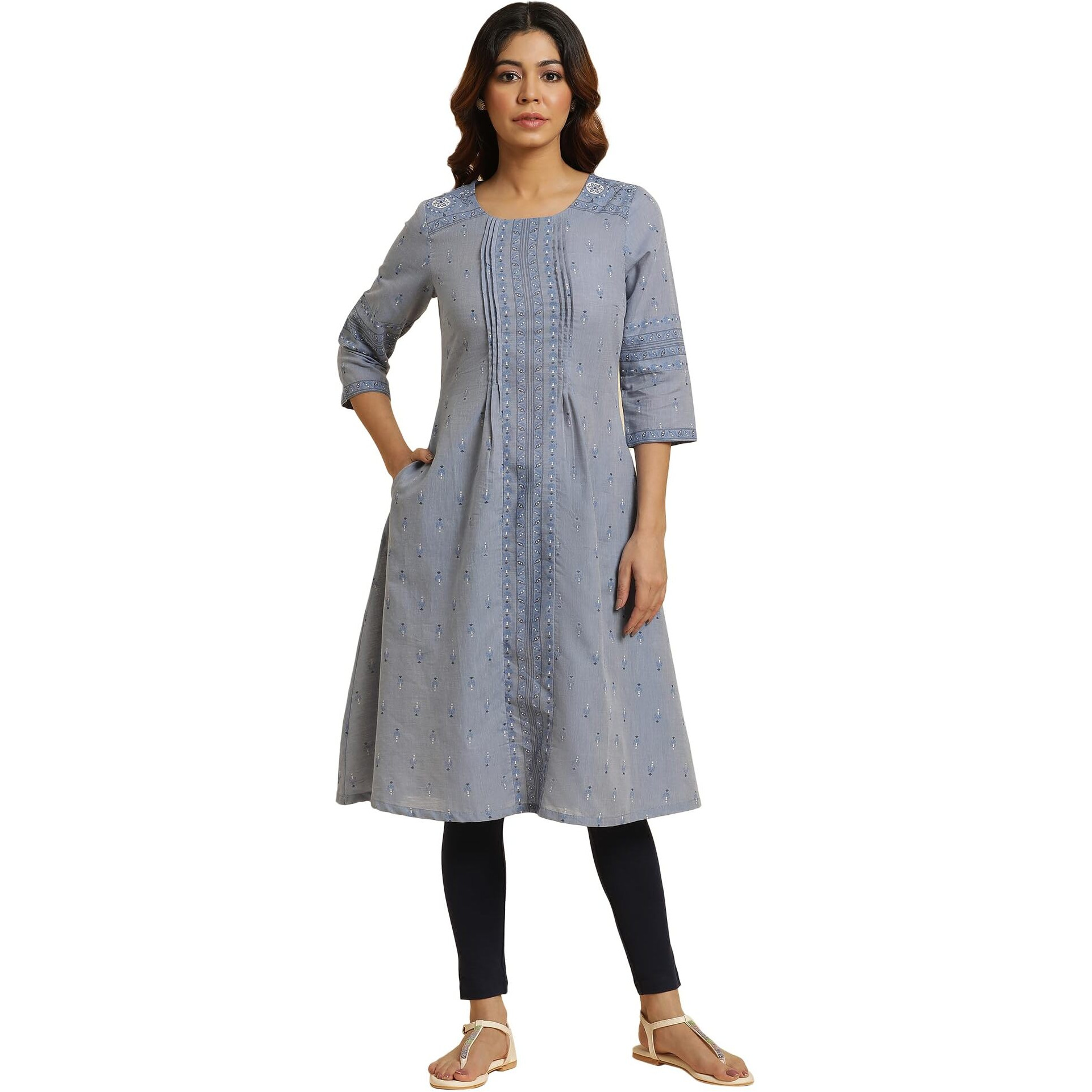 W For Woman Blue A-Line Printed Kurta (Size L)-23Auw19287-120839