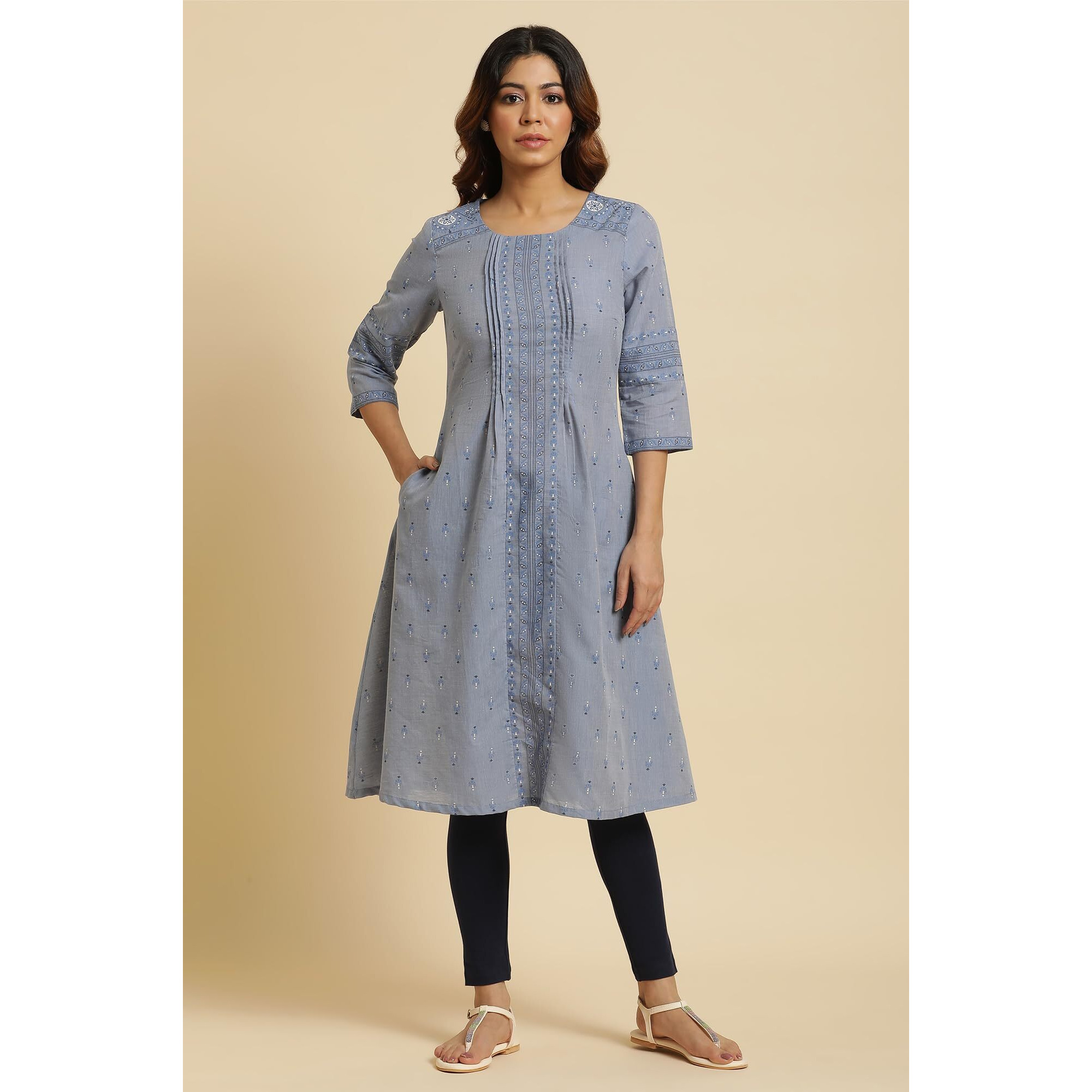 W For Woman Blue A-Line Printed Kurta (Size L)-23Auw19287-120839